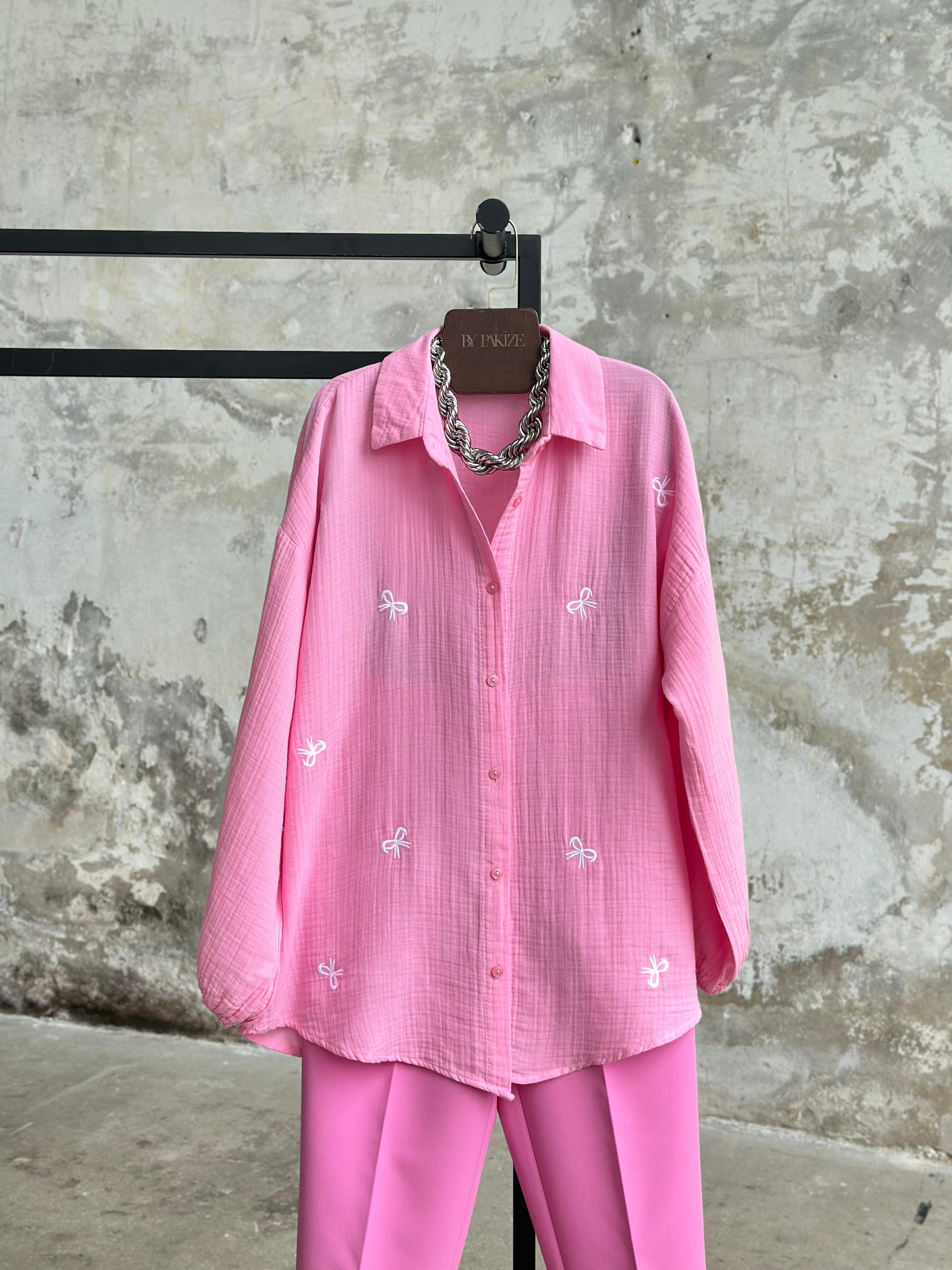 Nakış Fiyonklu Müslin Gömlek (Pembe)