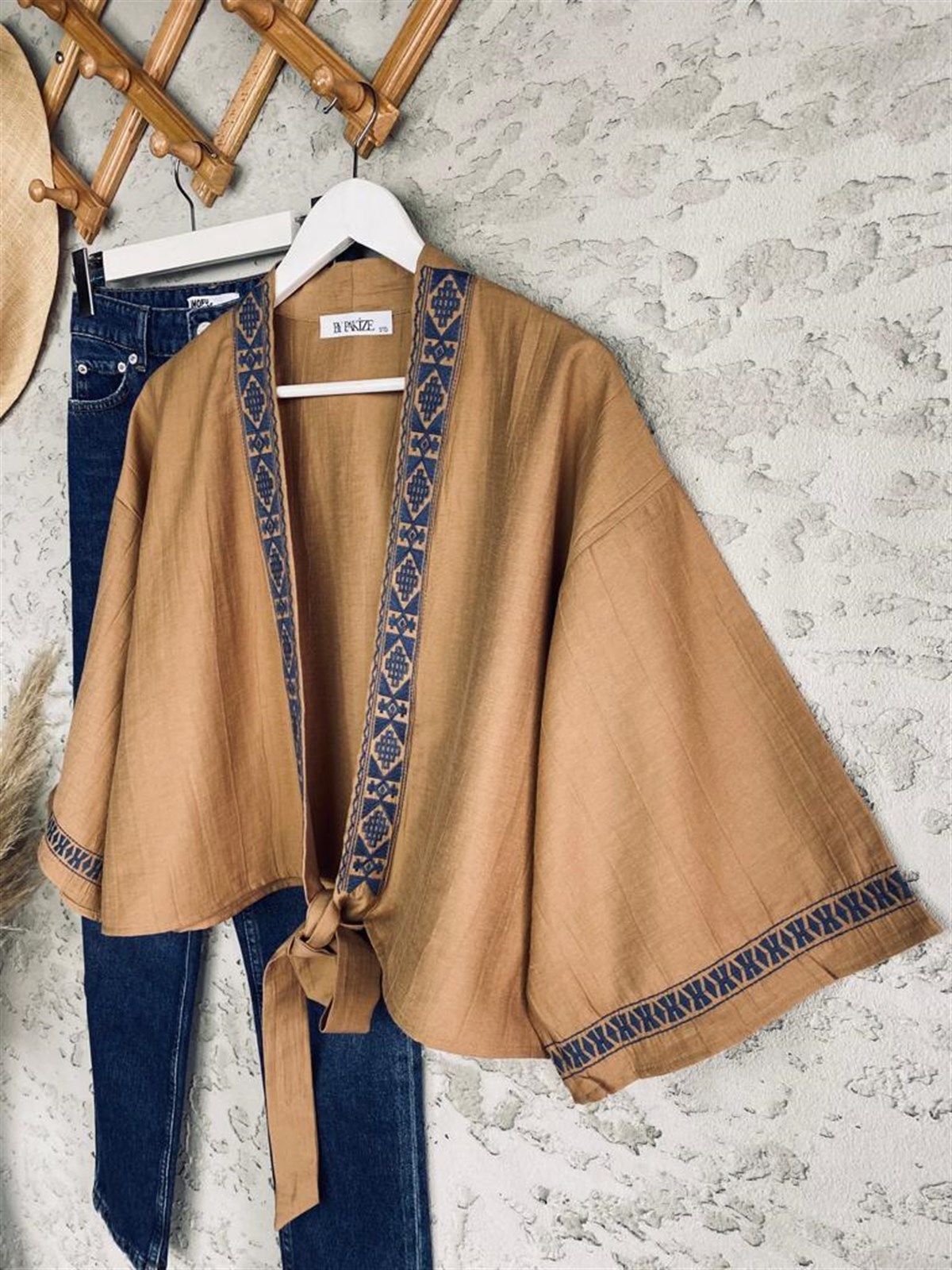 Nakışlı Keten Kimono (Camel)