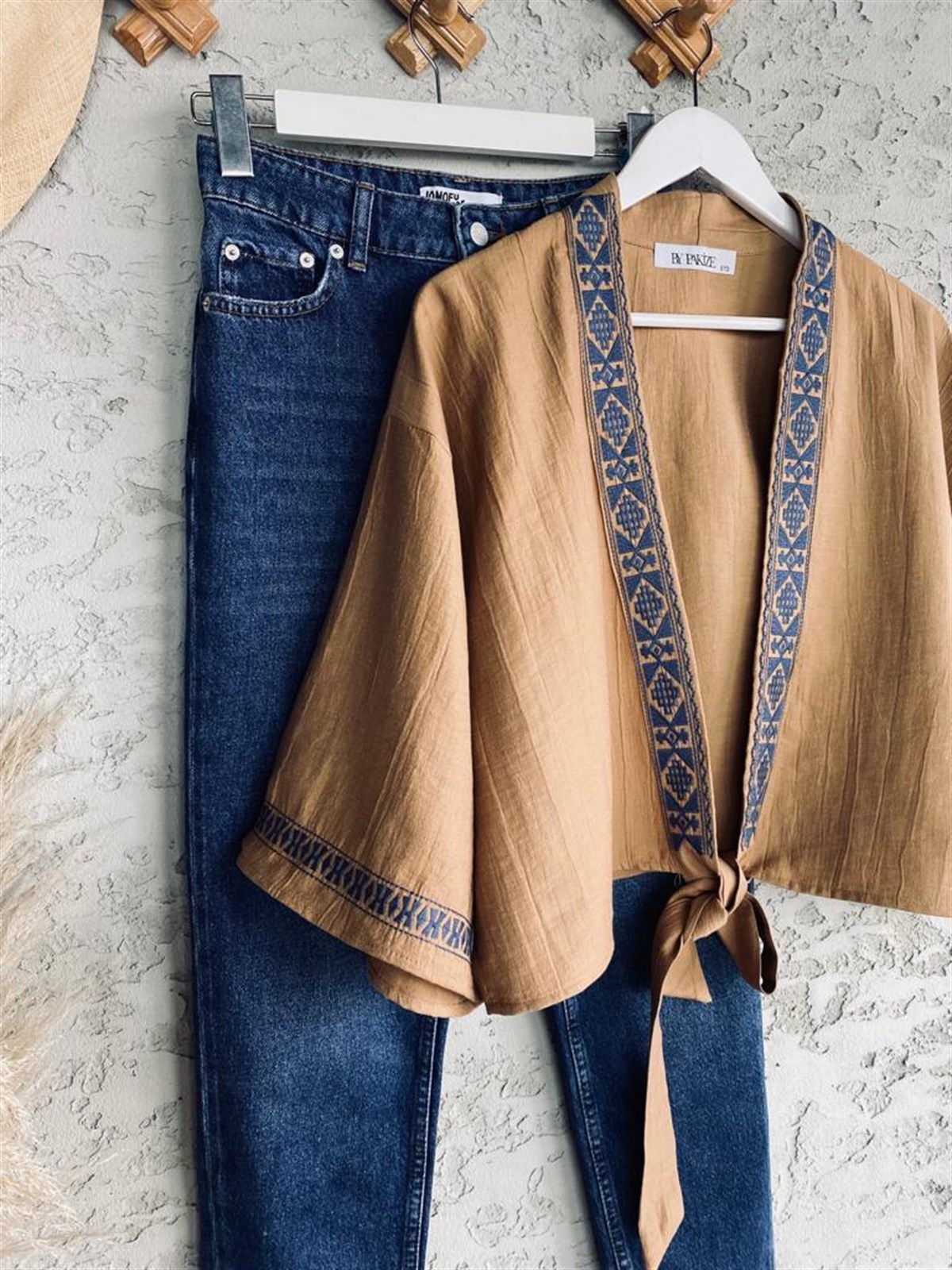 Nakışlı Keten Kimono (Camel)