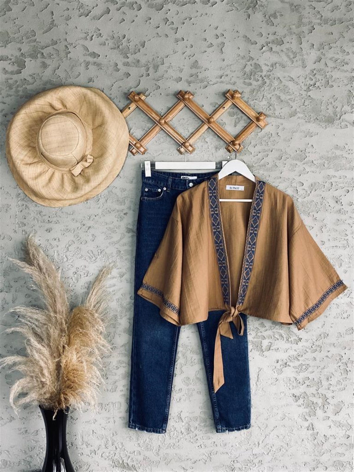 Nakışlı Keten Kimono (Camel)