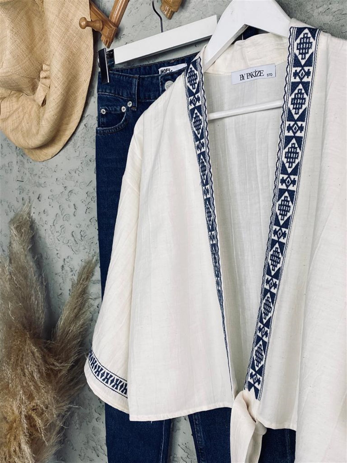 Nakışlı Keten Kimono (Ekru)