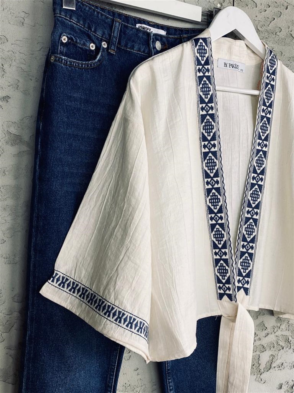 Nakışlı Keten Kimono (Ekru)