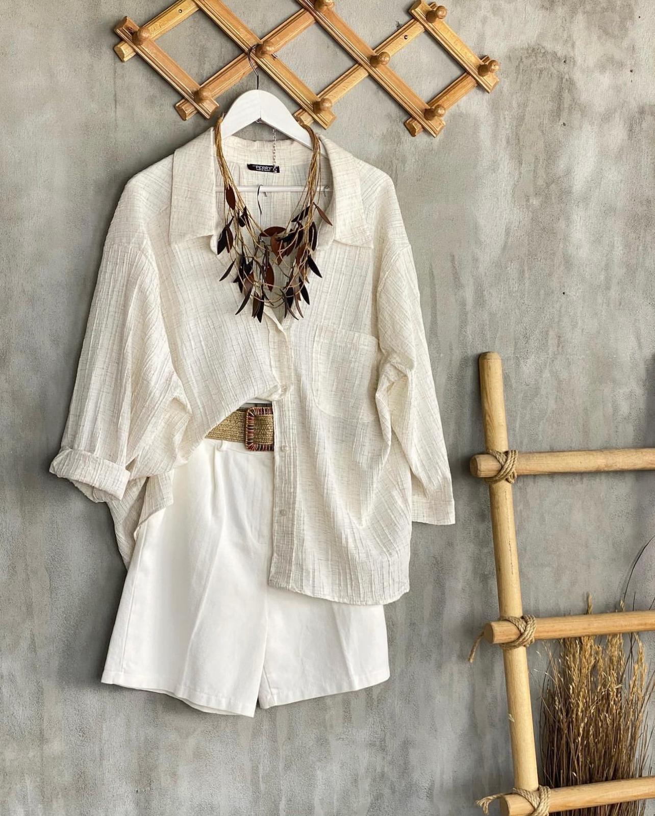 Naturel Seri Oversize Dokulu Gömlek (Taş)