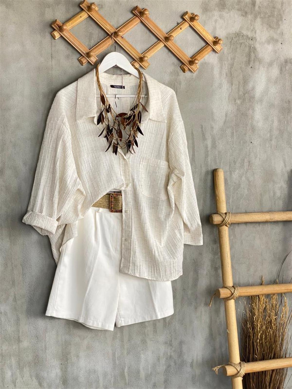 Naturel Seri Oversize Dokulu Gömlek (Taş)
