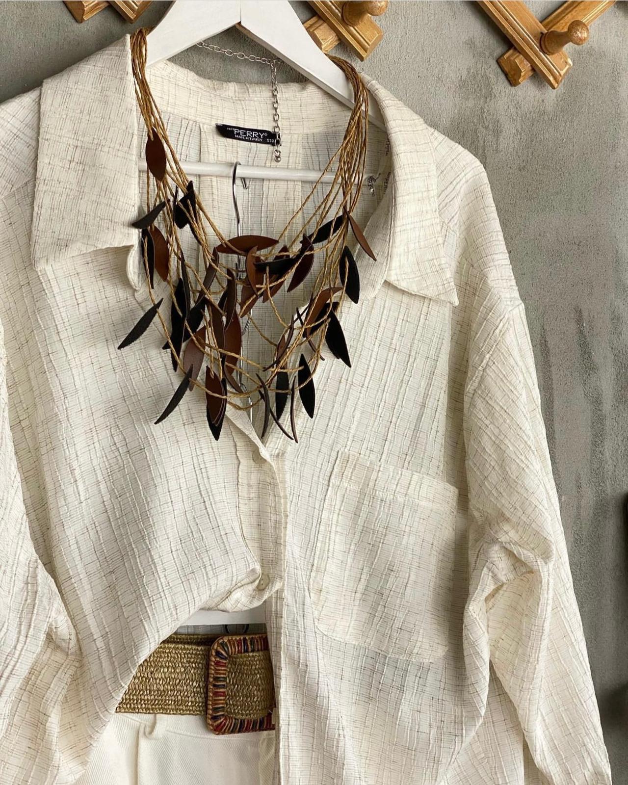 Naturel Seri Oversize Dokulu Gömlek (Taş)