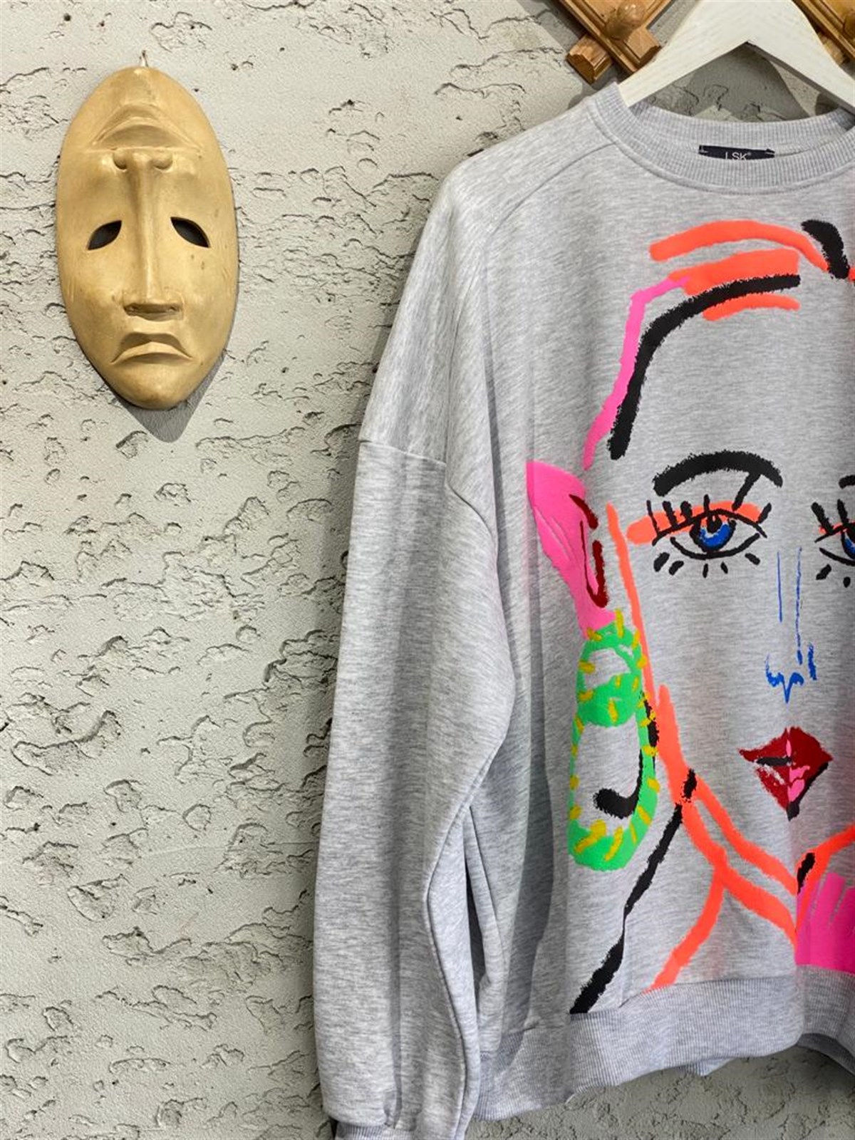 Neon Renk Baskılı Oversize Tasarım Sweat (Gri)
