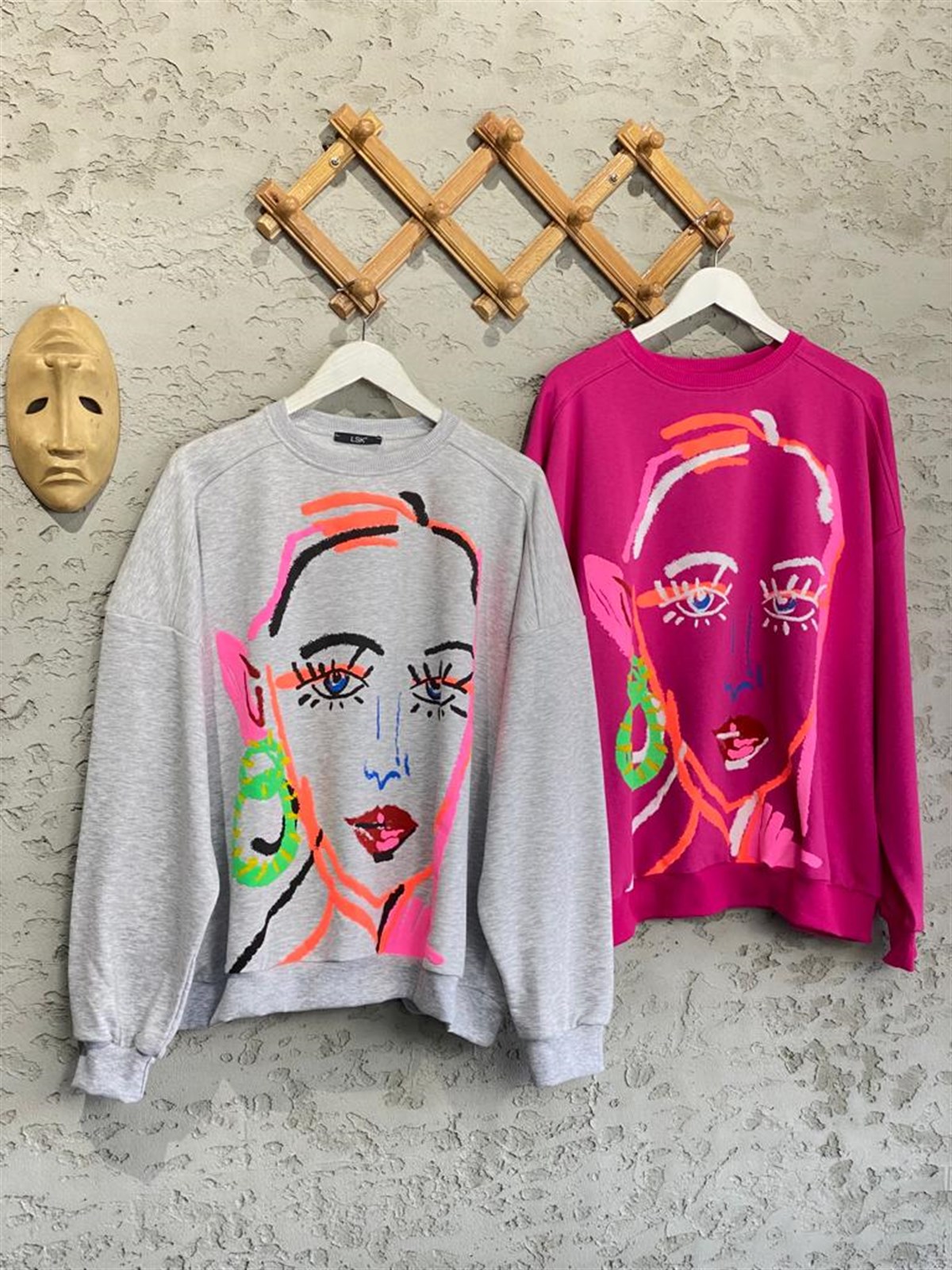 Neon Renk Baskılı Oversize Tasarım Sweat (Pembe)