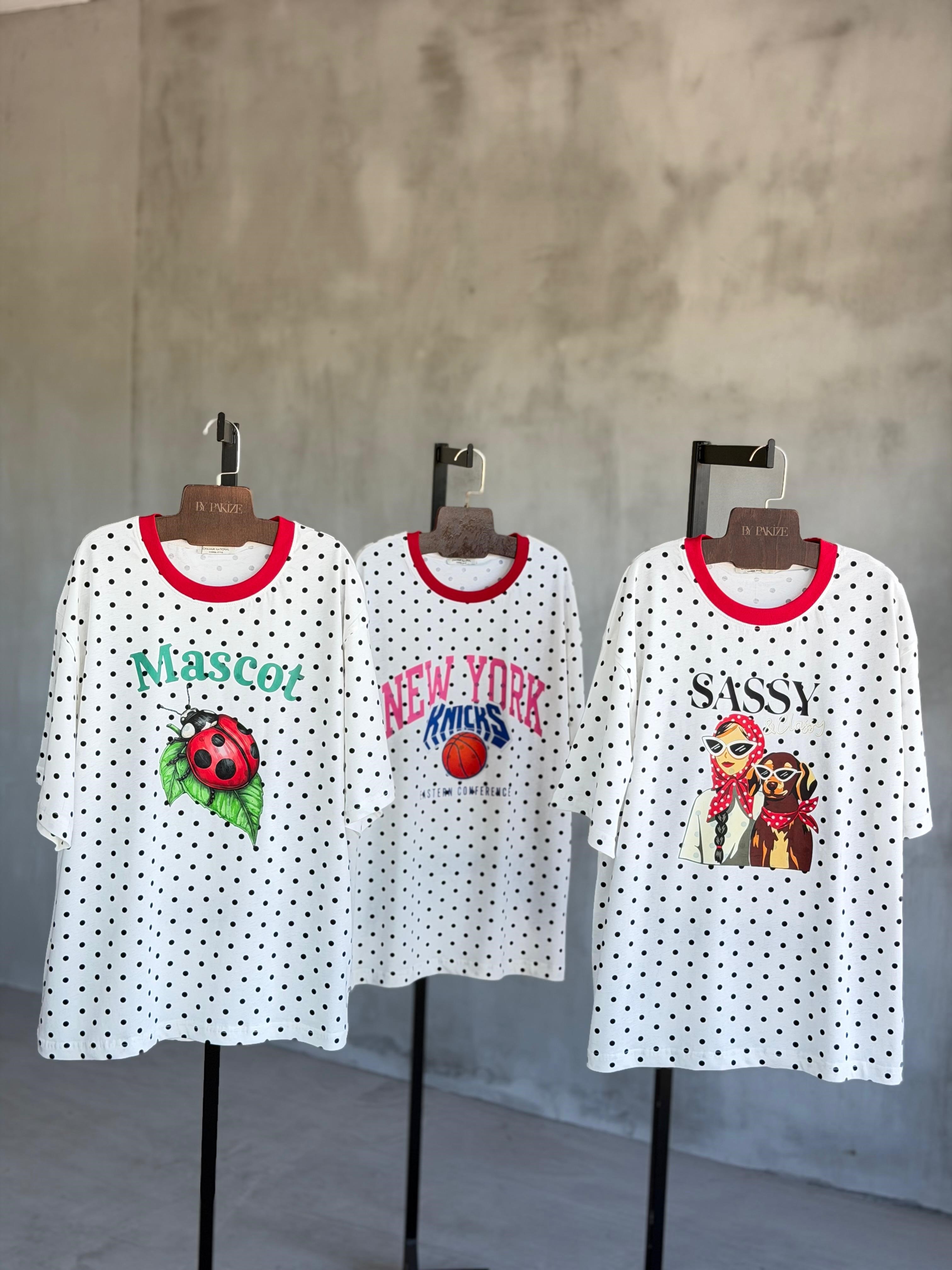 New York Baskılı Puantiye Oversize Tasarım Tshirt(Beyaz)