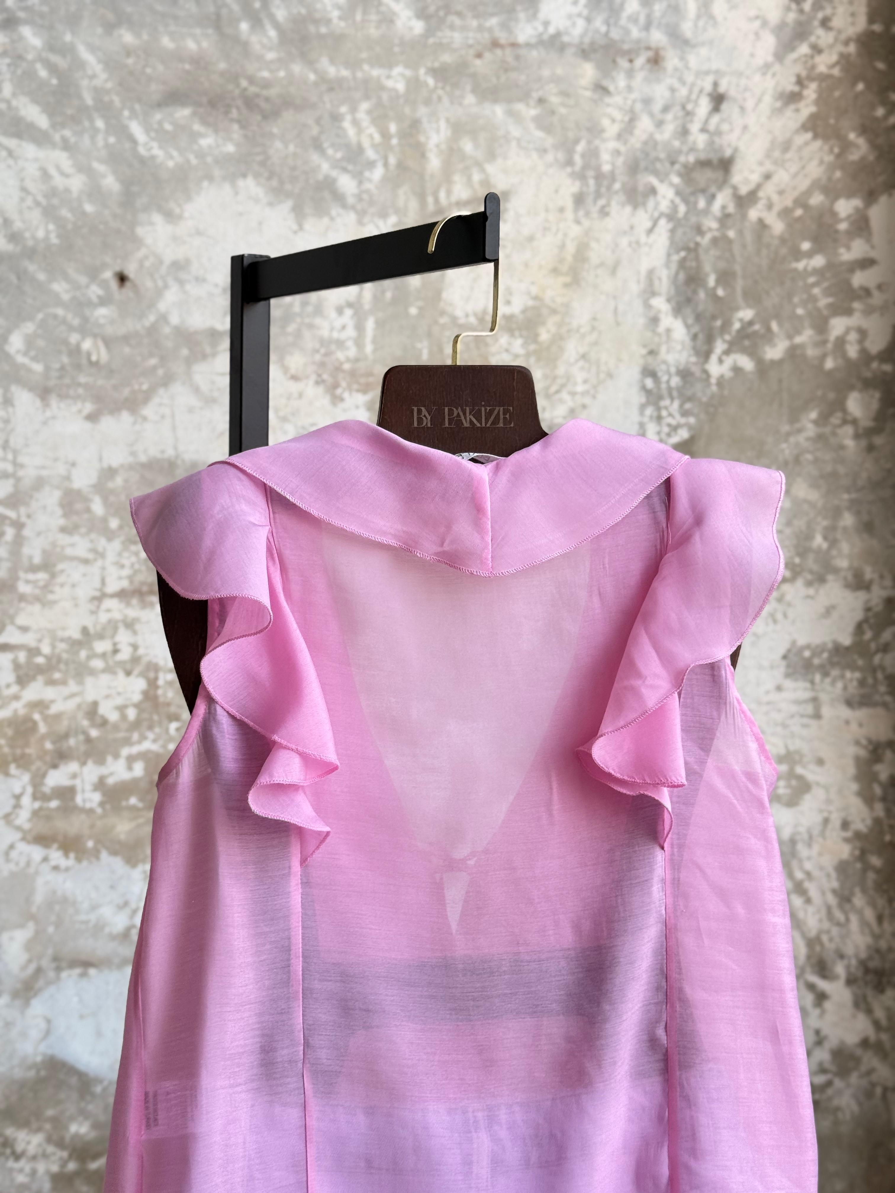 Omuzdan Fırfır Detaylı Bağlamalı Bluz (Pembe)
