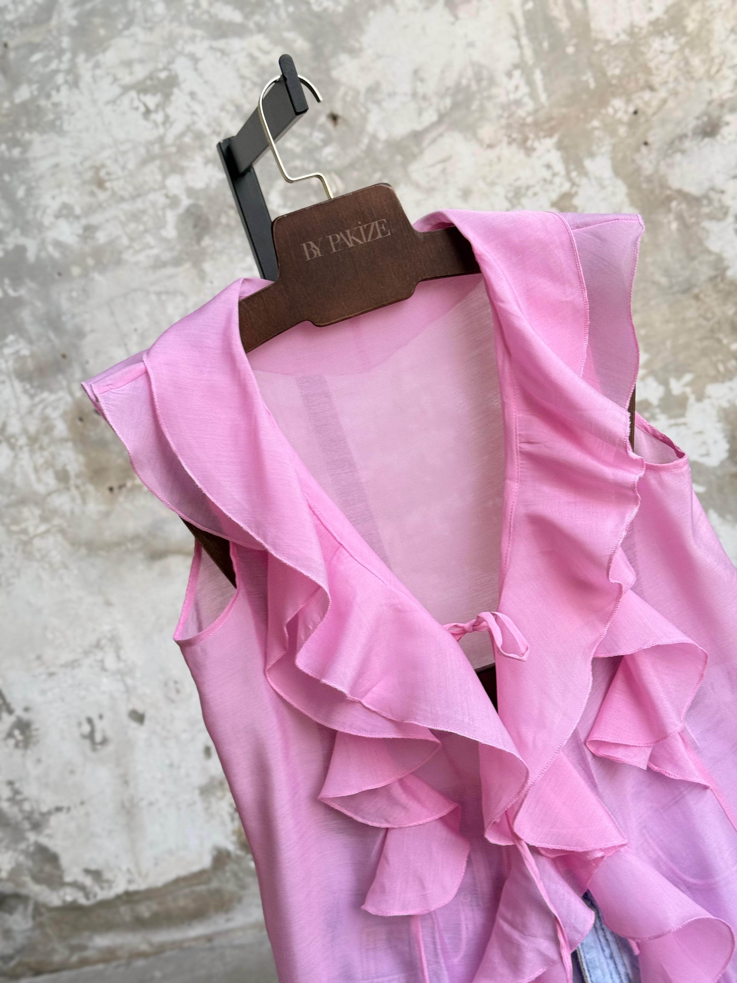 Omuzdan Fırfır Detaylı Bağlamalı Bluz (Pembe)