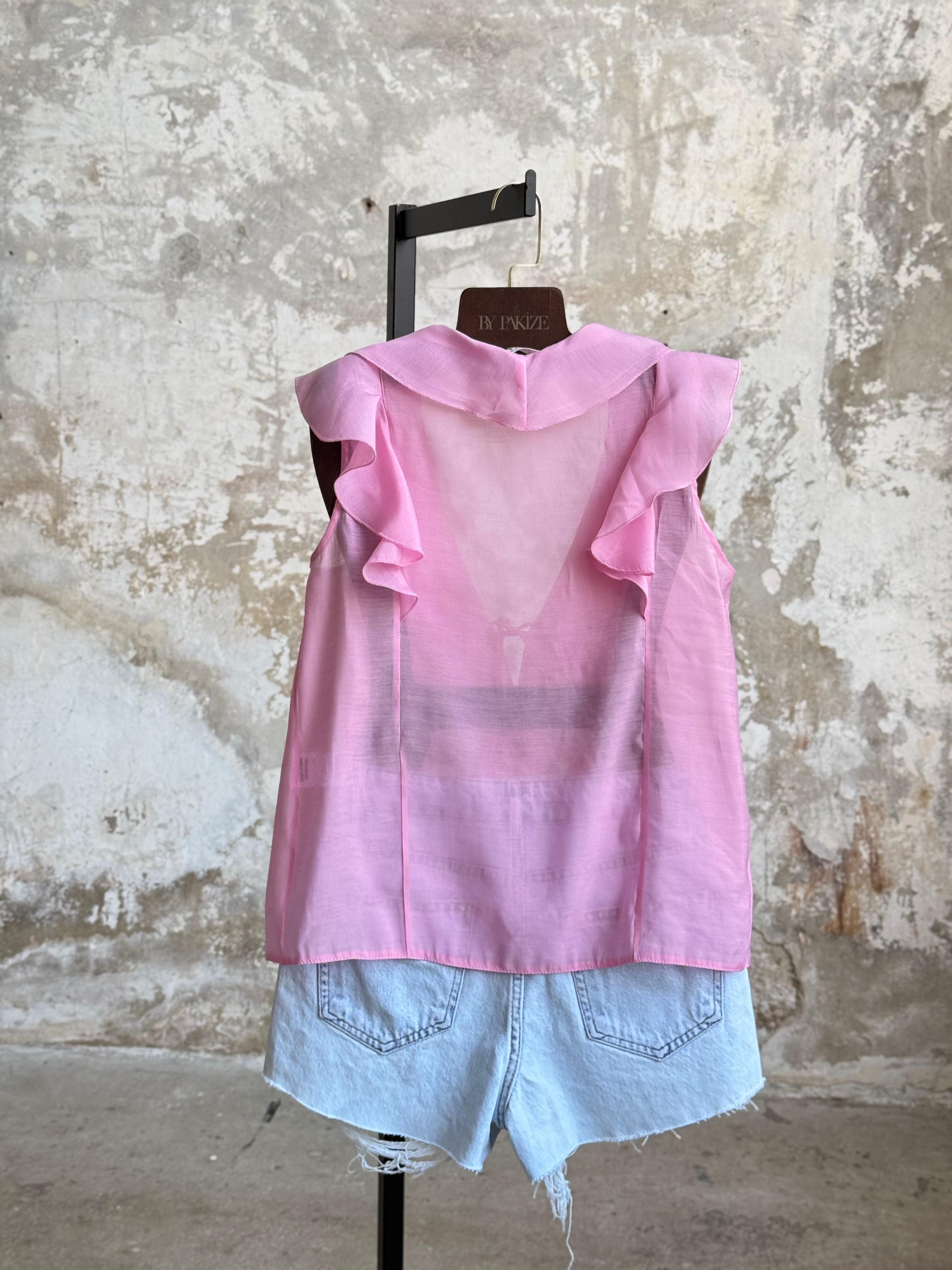 Omuzdan Fırfır Detaylı Bağlamalı Bluz (Pembe)