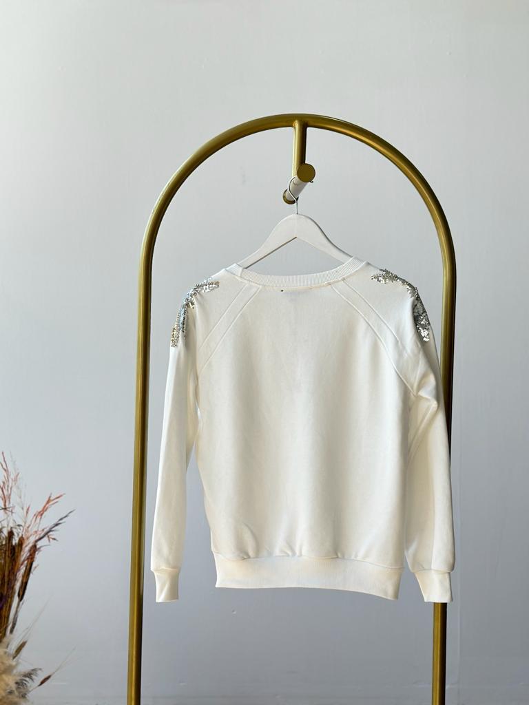 Omuzdan Pul Payet Ve Taş İşçilikli Sweat (Beyaz)