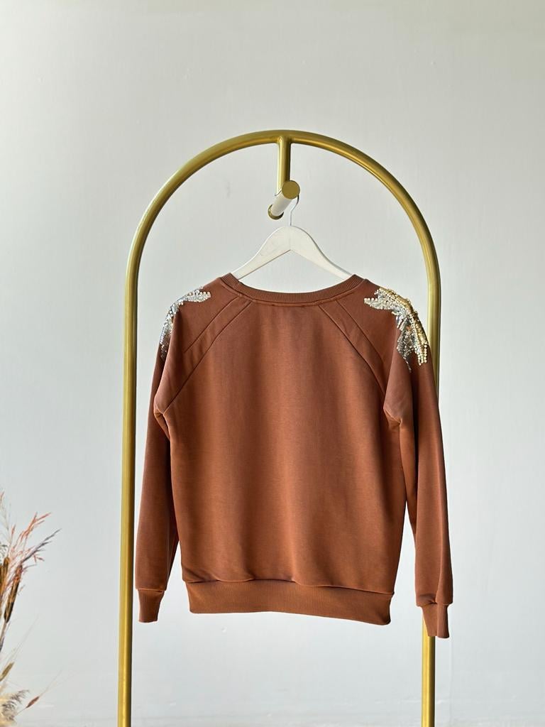 Omuzdan Pul Payet Ve Taş İşçilikli Sweat (Acı Kahve)