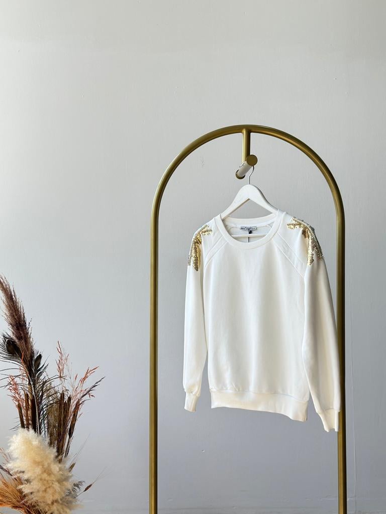 Omuzdan Pul Payet Ve Taş İşçilikli Sweat (Beyaz)
