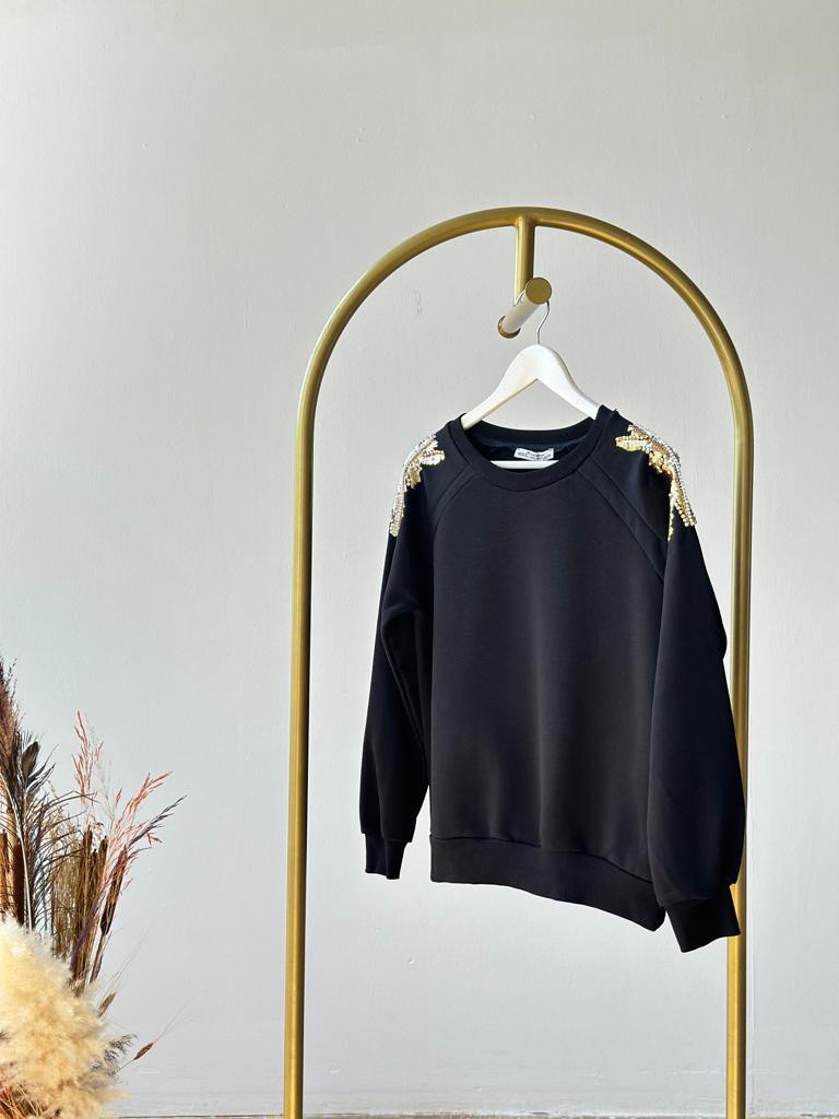Omuzdan Pul Payet Ve Taş İşçilikli Sweat (Siyah)