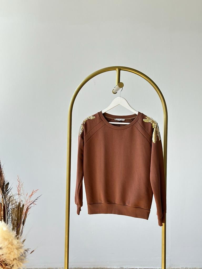 Omuzdan Pul Payet Ve Taş İşçilikli Sweat (Acı Kahve)