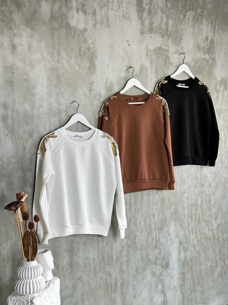 Omuzdan Pul Payet Ve Taş İşçilikli Sweat (Siyah)