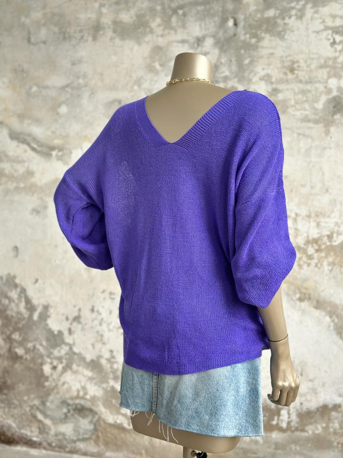 Ön Arka V Yaka Balon Kol Merserize Triko Örme Salaş Kazak (Mor)