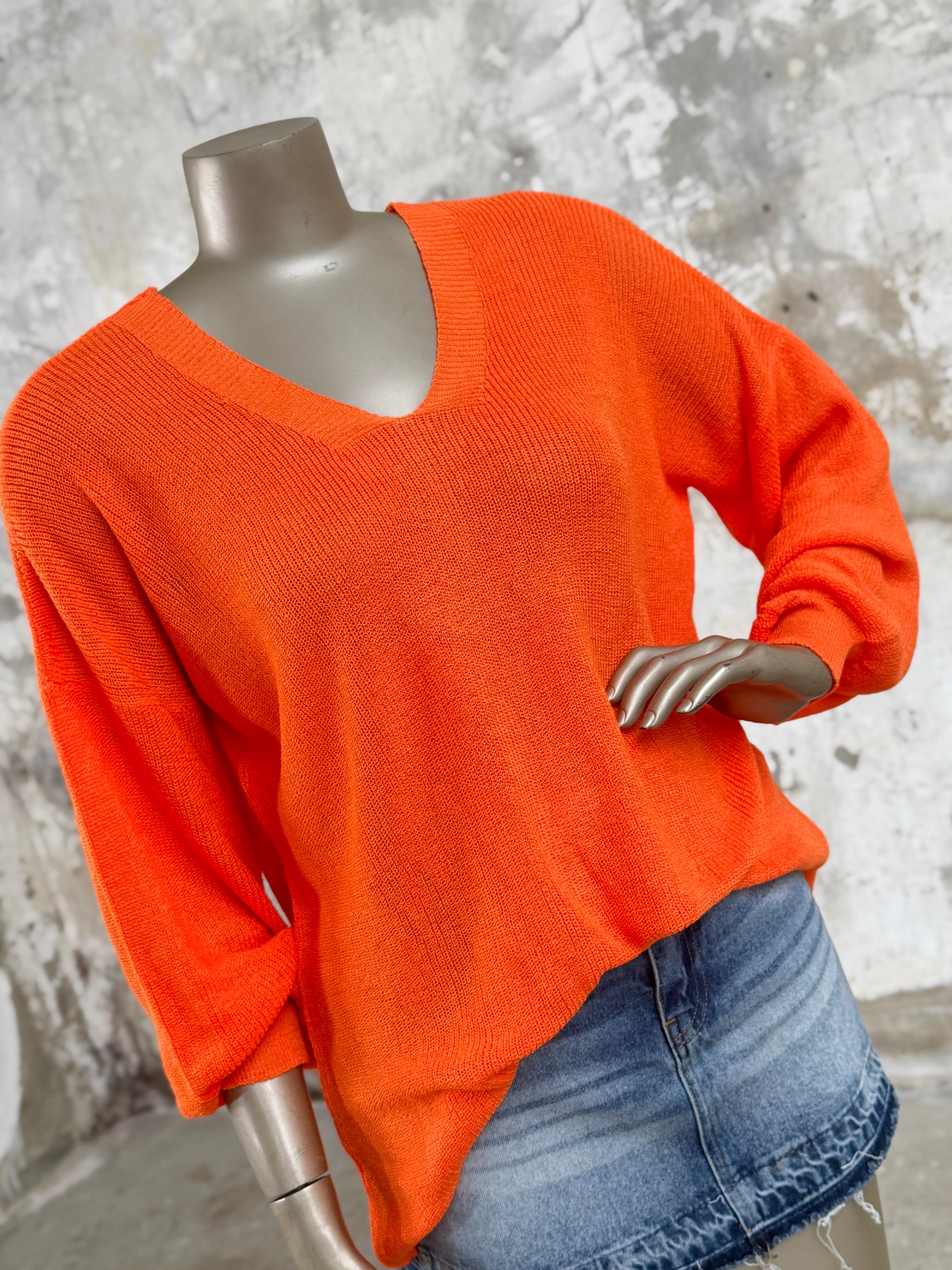 Ön Arka V Yaka Balon Kol Merserize Triko Örme Salaş Kazak (Turuncu)