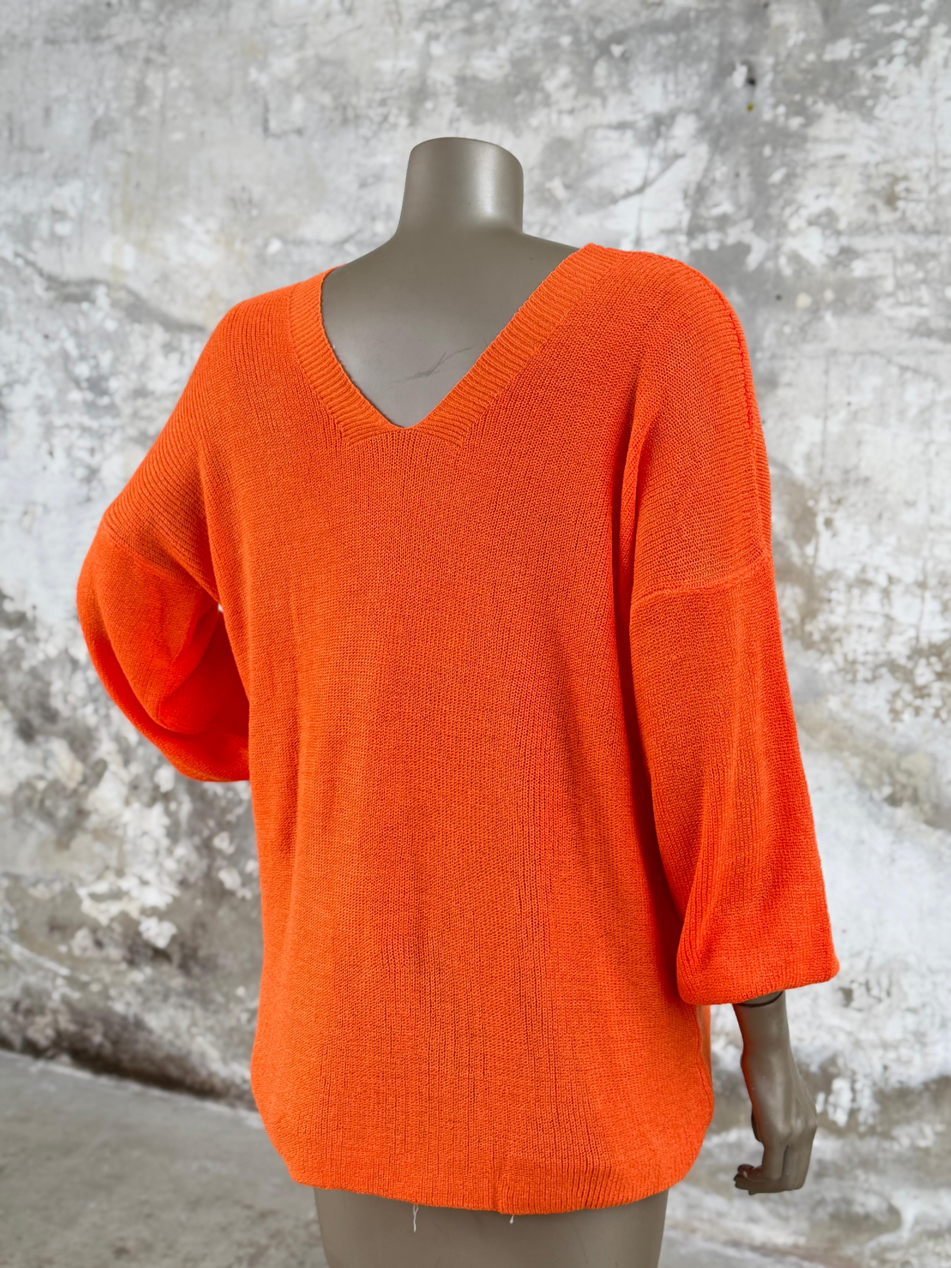 Ön Arka V Yaka Balon Kol Merserize Triko Örme Salaş Kazak (Turuncu)