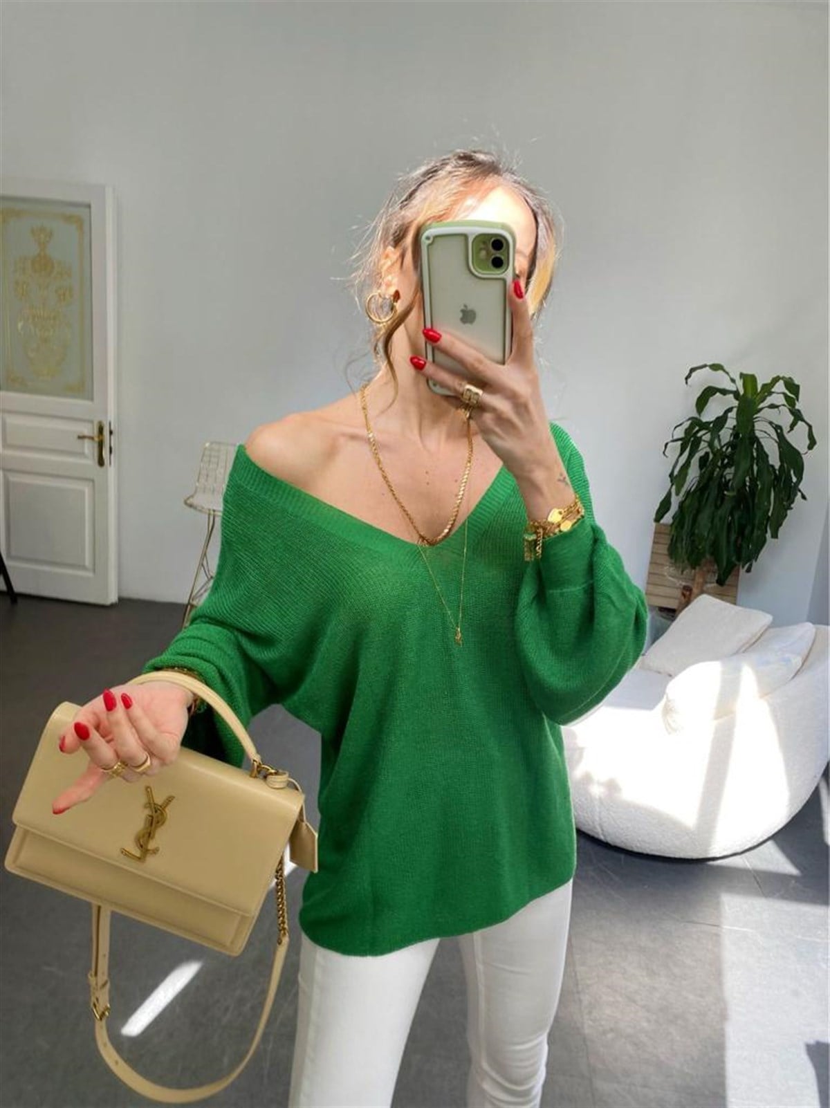 Ön Arka V Yaka Balon Kol Merserize Triko Örme Salaş Kazak (Yeşil)