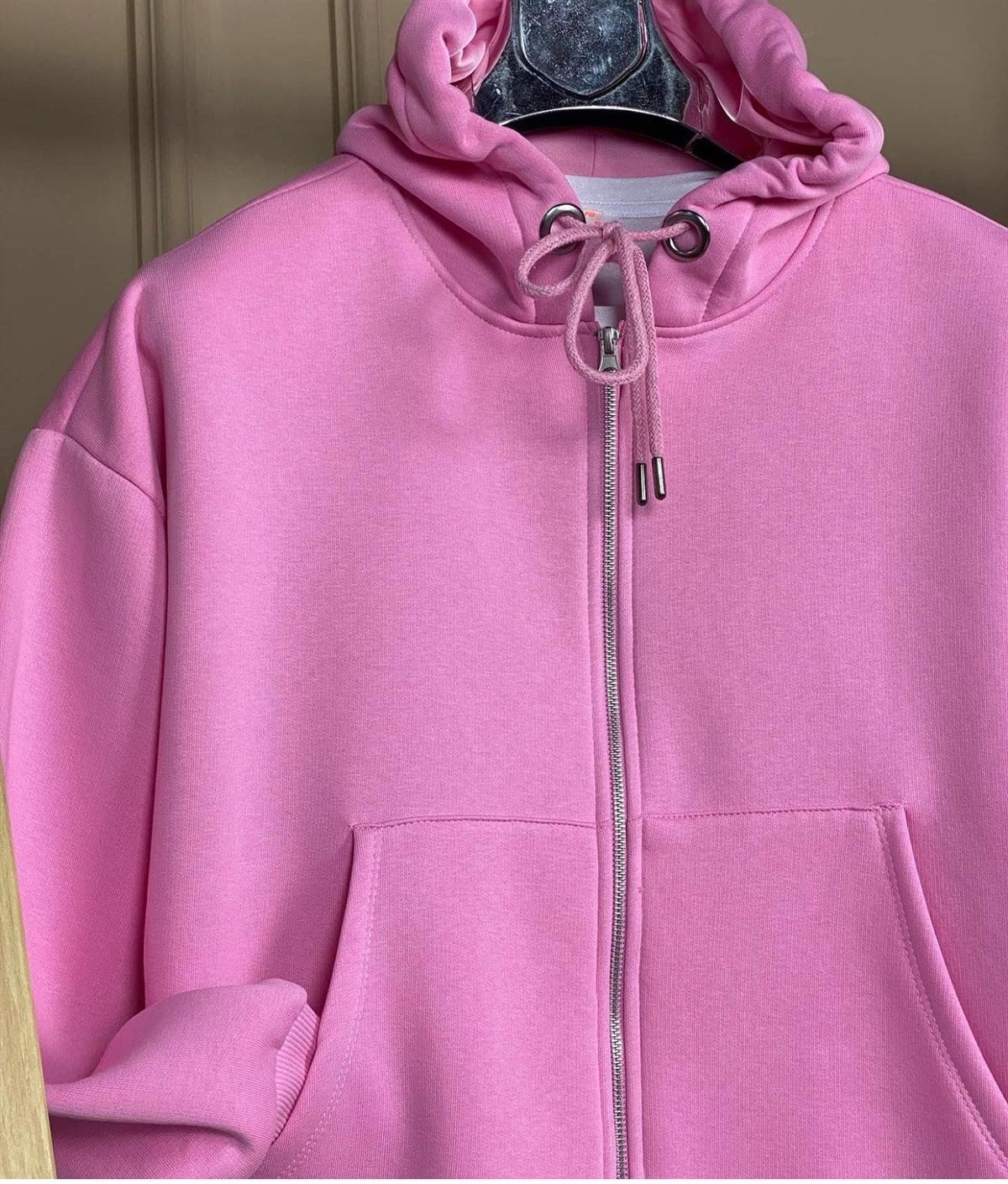 Ön Cepli Şardonlu Sweat Hırka (Pembe)
