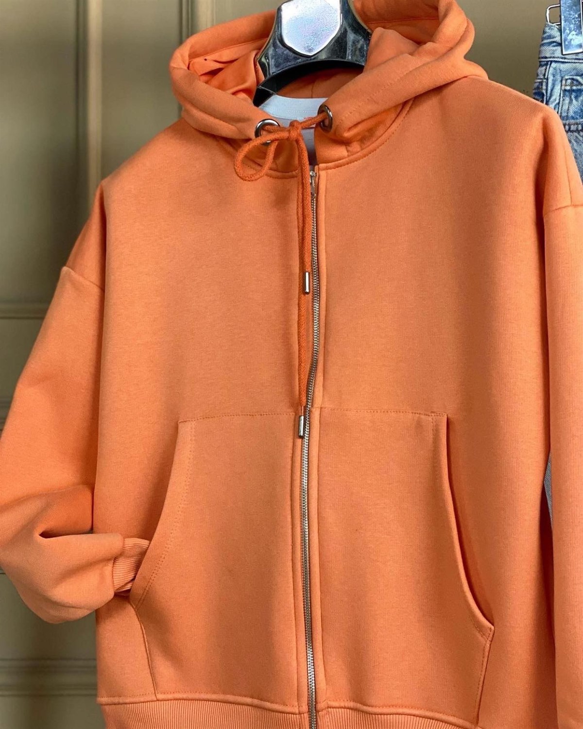 Ön Cepli Şardonlu Sweat Hırka (Somon)