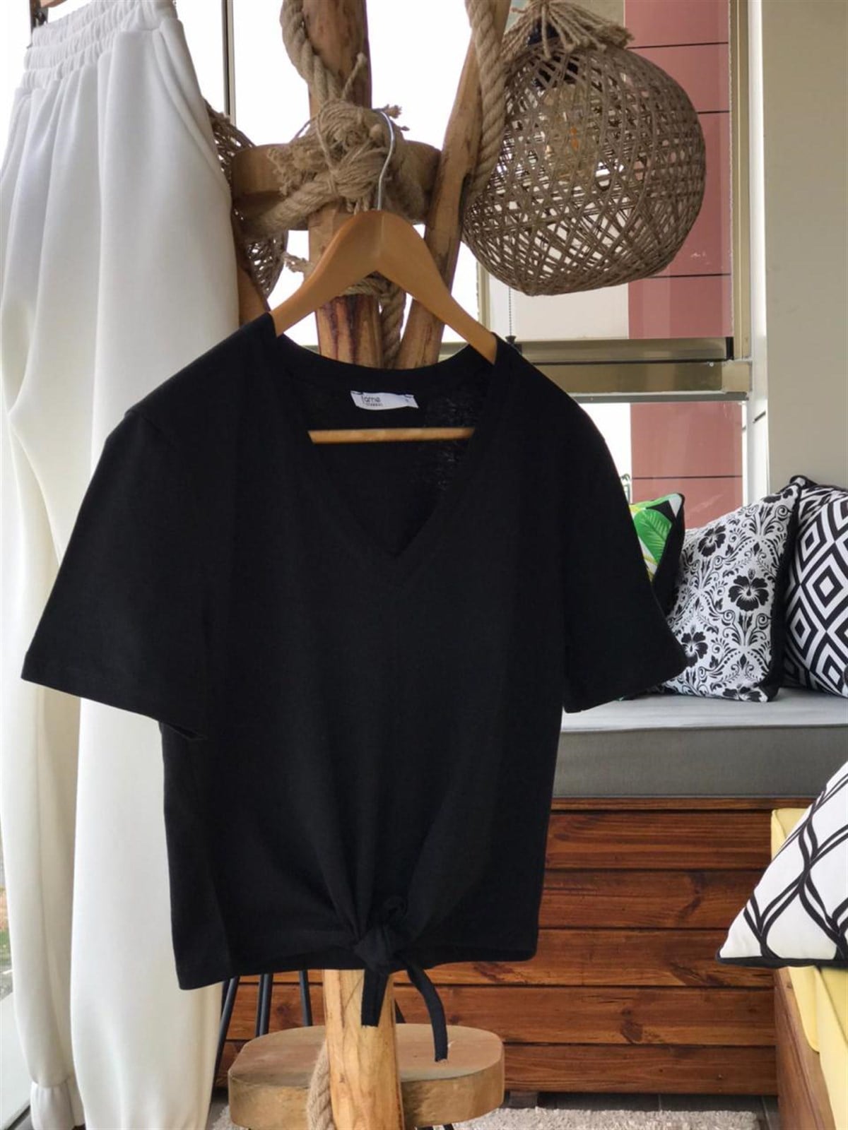 Önden Bağlamalı Penye Basic Tshirt (SİYAH)