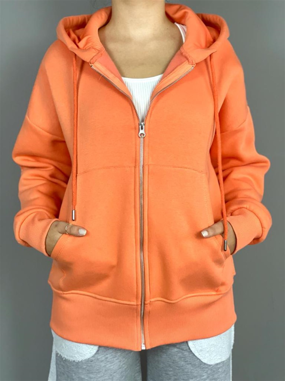 Önü Cepli Kapşonlu Sweat Hırka (Oranj)