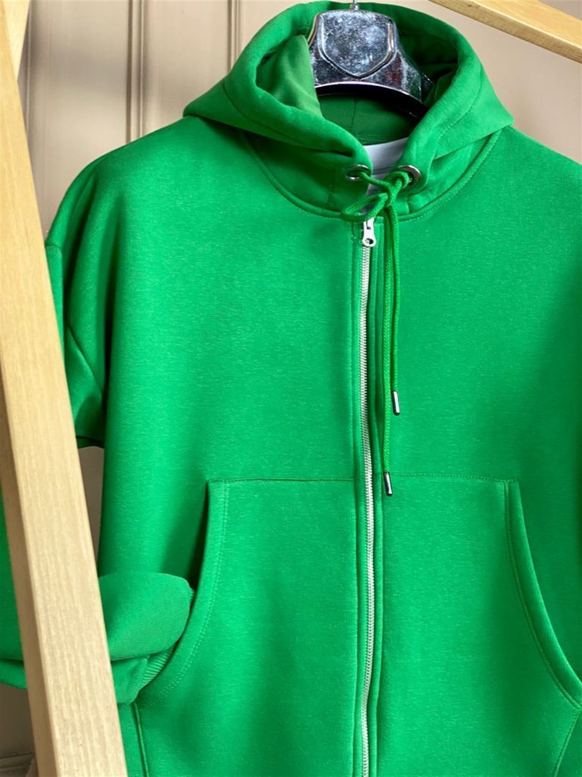 Önü Cepli Kapşonlu Sweat Hırka (Yeşil)