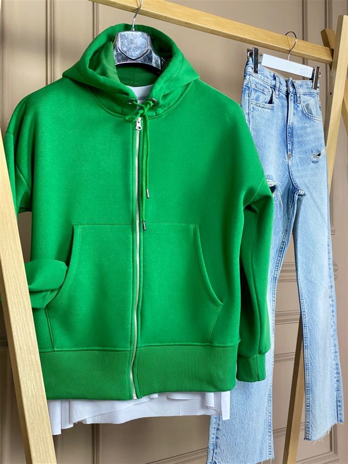 Önü Cepli Kapşonlu Sweat Hırka (Yeşil)