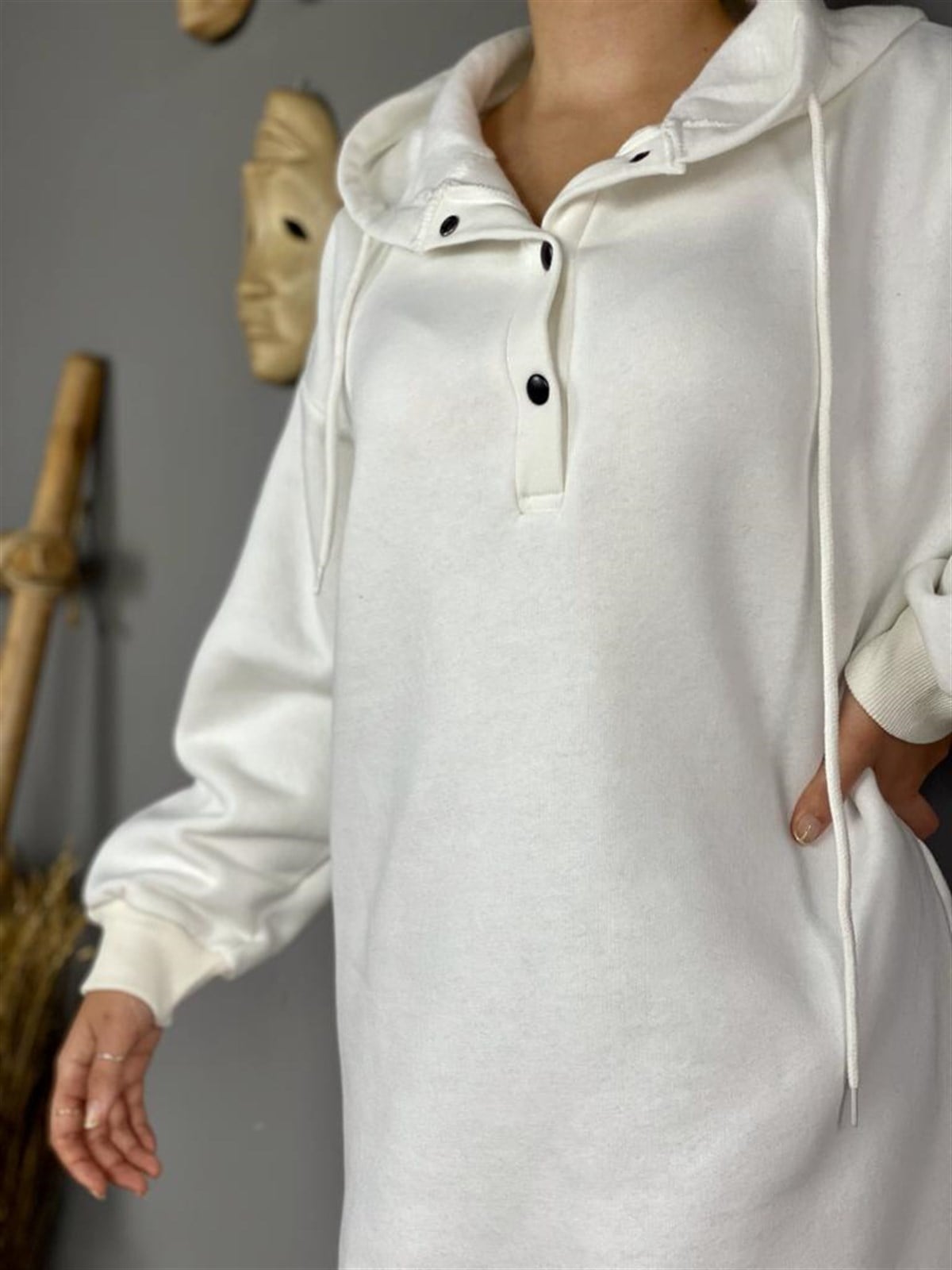 Önü Çıtçıt Detaylı Tunik Sweat (Beyaz)