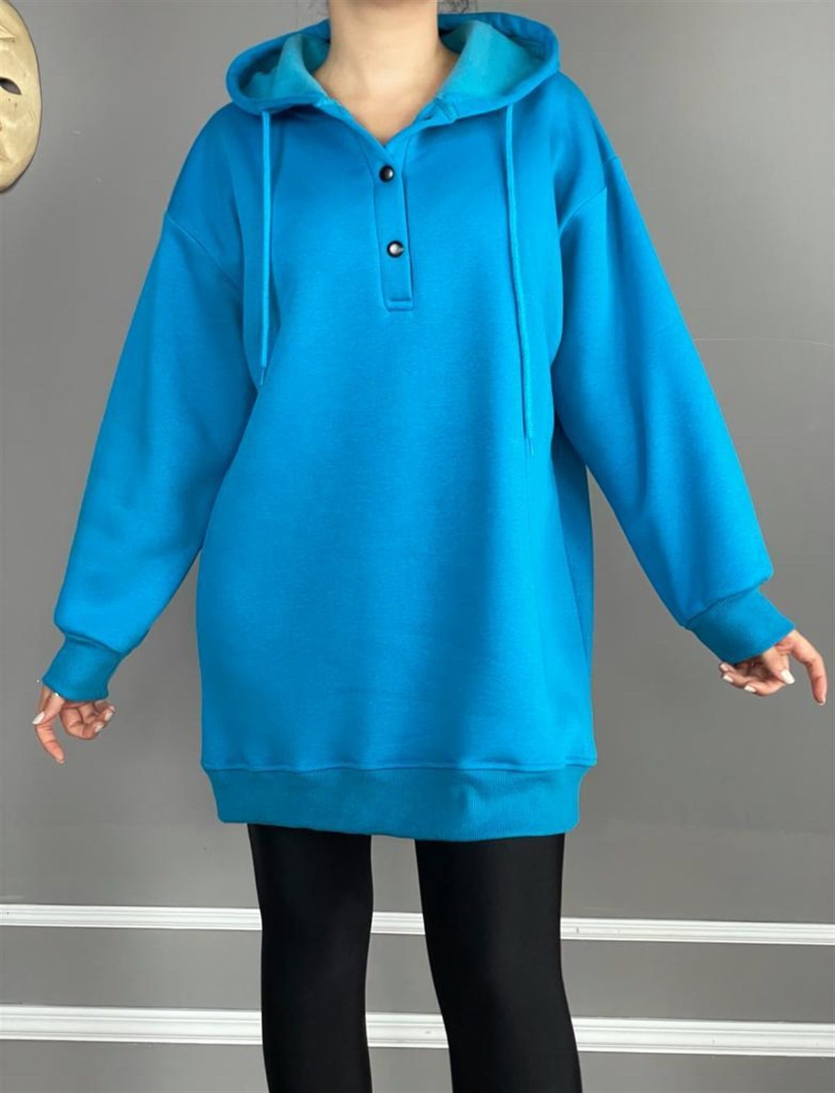 Önü Çıtçıt Detaylı Tunik Sweat (Saks Mavi)