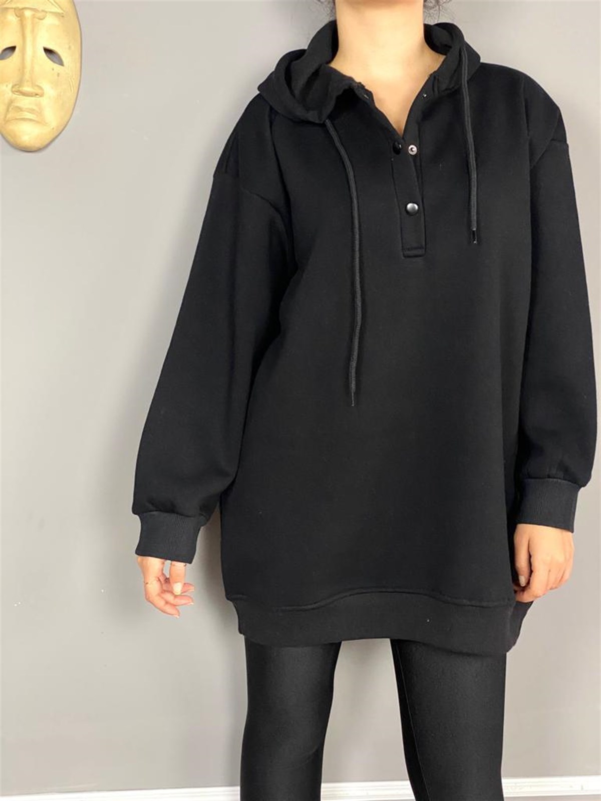Önü Çıtçıt Detaylı Tunik Sweat (Siyah)