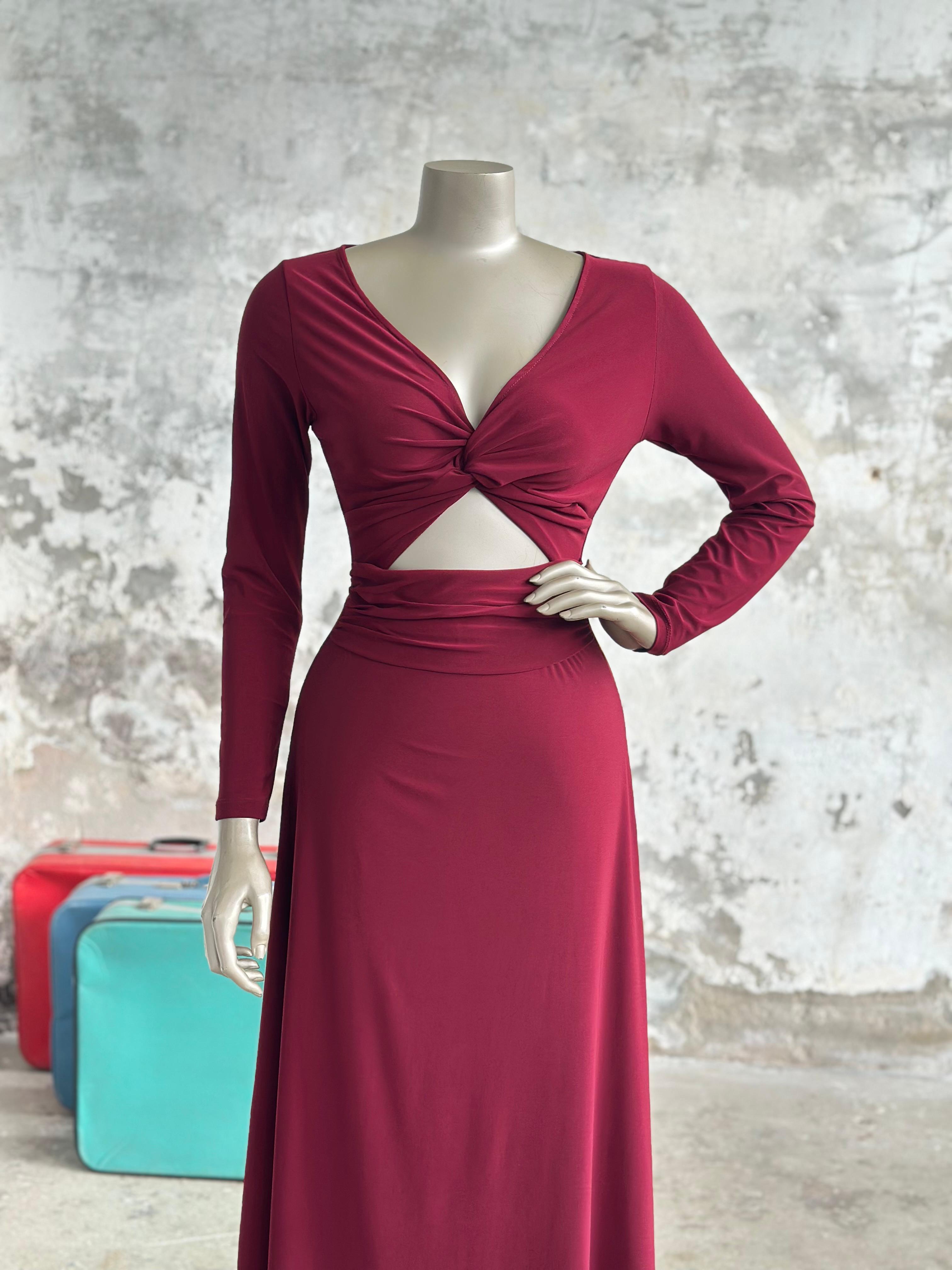 Önü Pencere Detaylı Midi Elbise (Bordo)