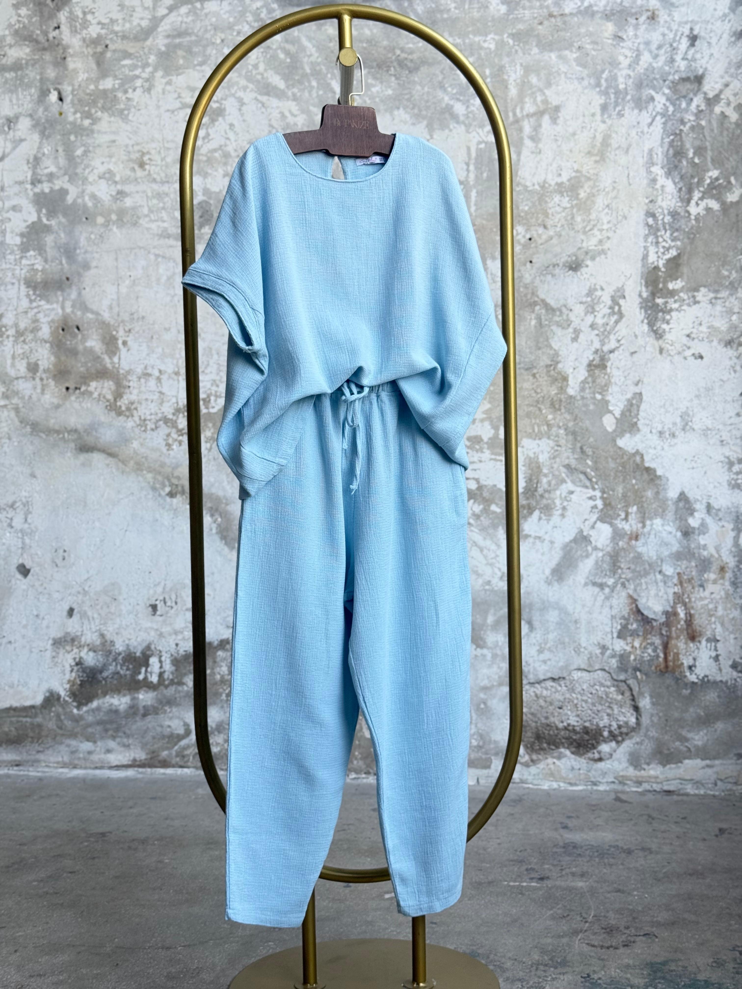 Organik Ham Keten Şalvar Model Takım (Bebe Mavisi)