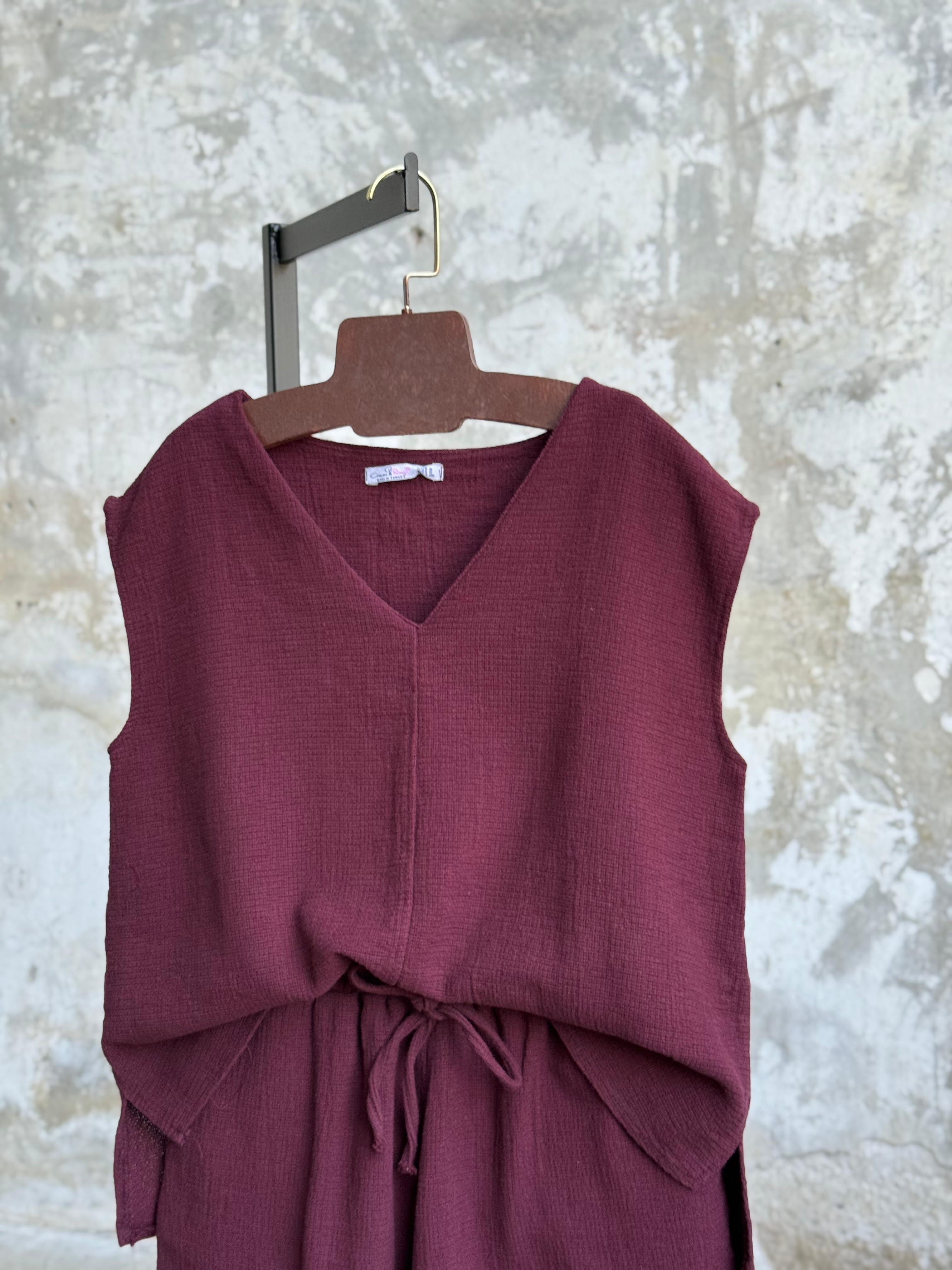 Organik Ham Keten V Yaka Şortlu Takım (Bordo)