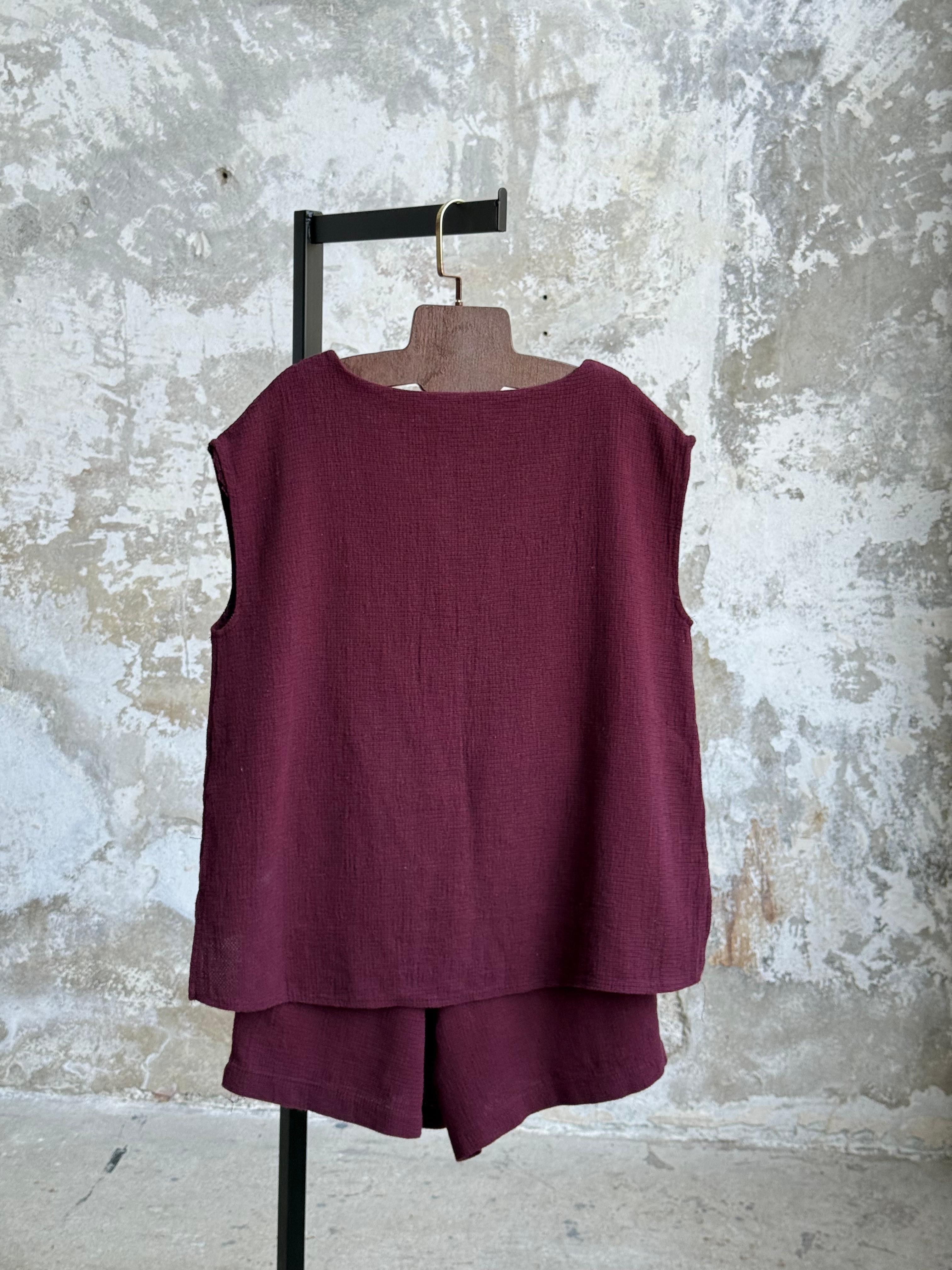Organik Ham Keten V Yaka Şortlu Takım (Bordo)