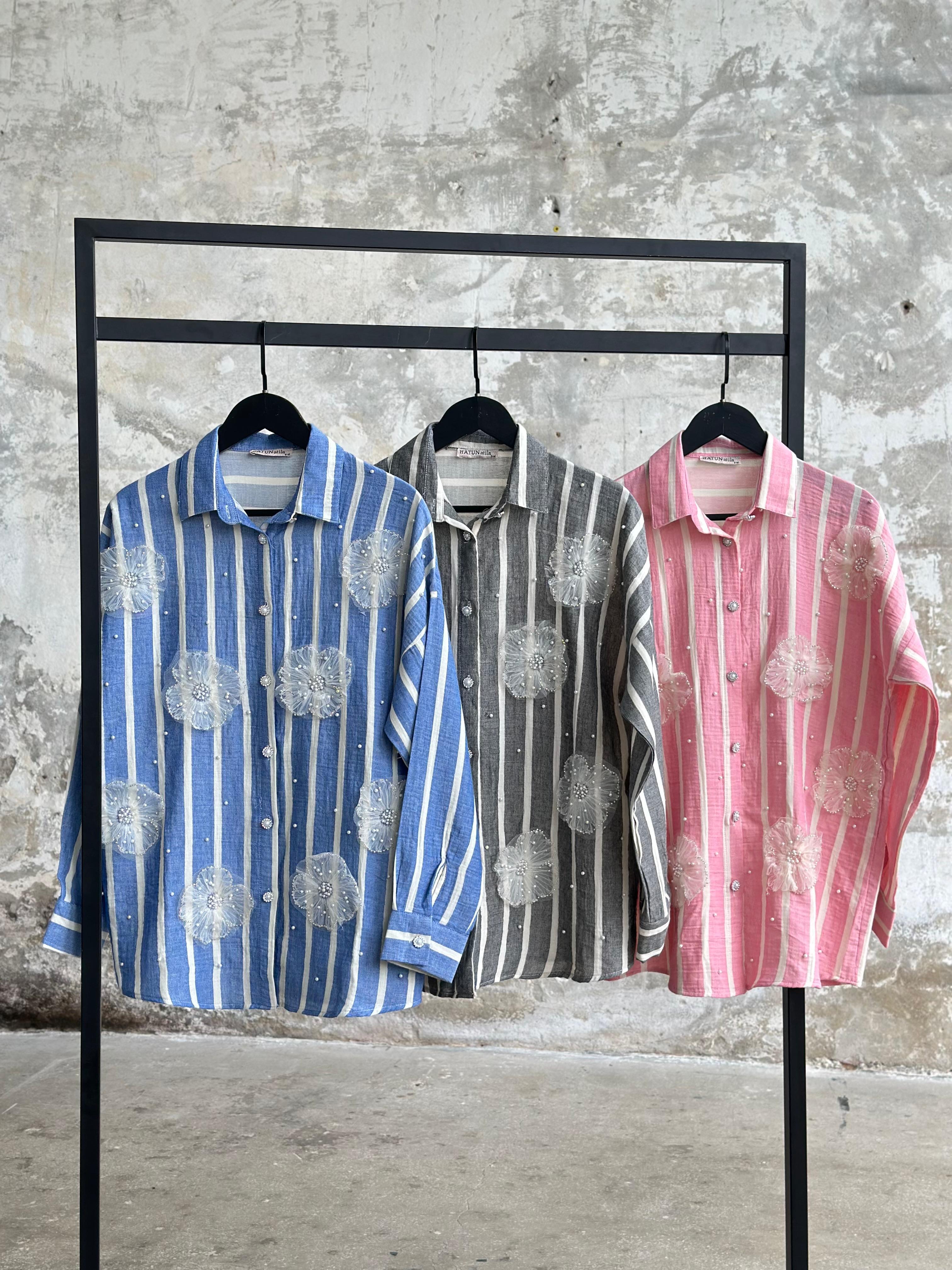 Organze Çiçek İnci Detaylı Çizgili Gömlek (Pembe)