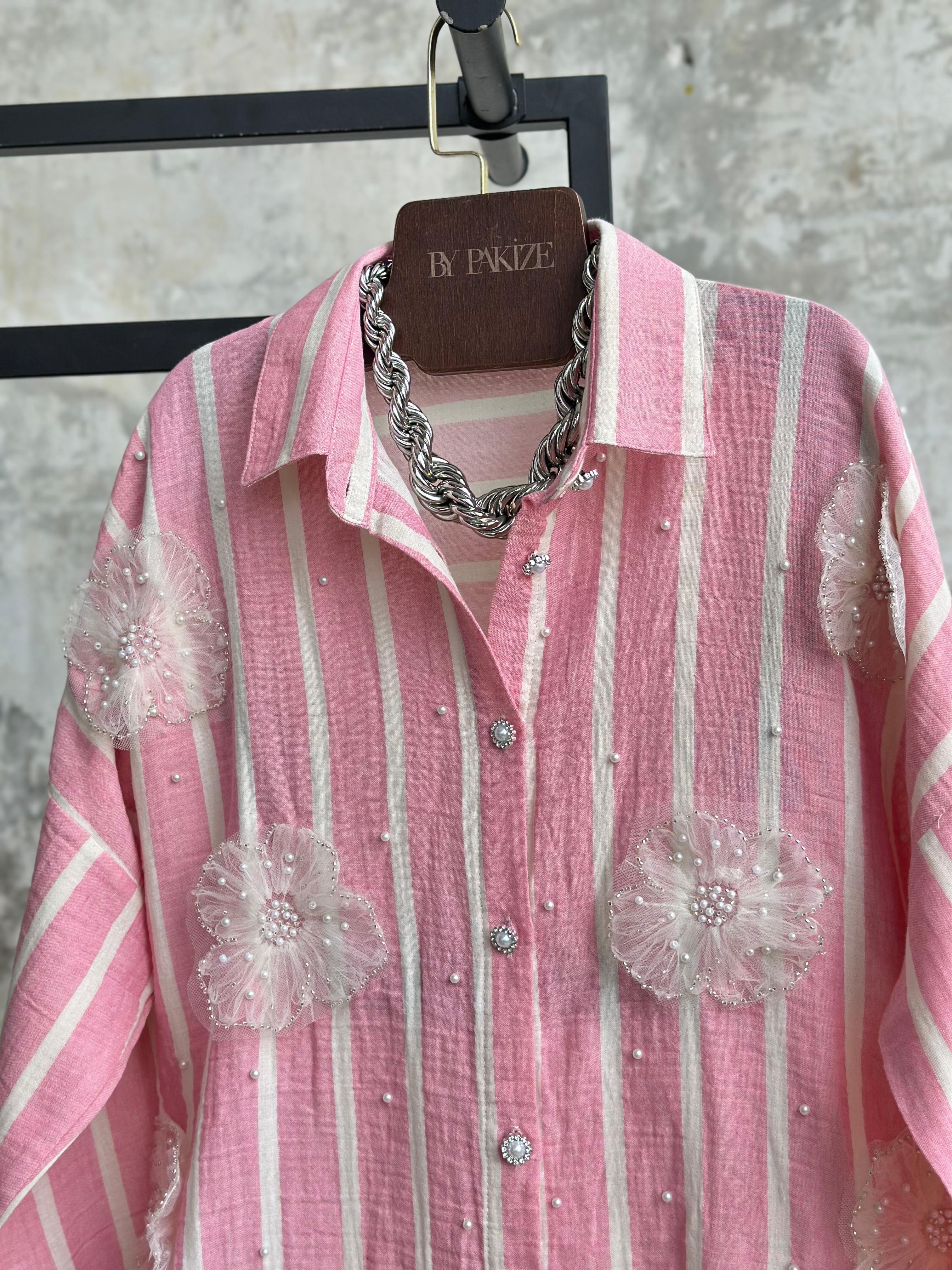 Organze Çiçek İnci Detaylı Çizgili Gömlek (Pembe)