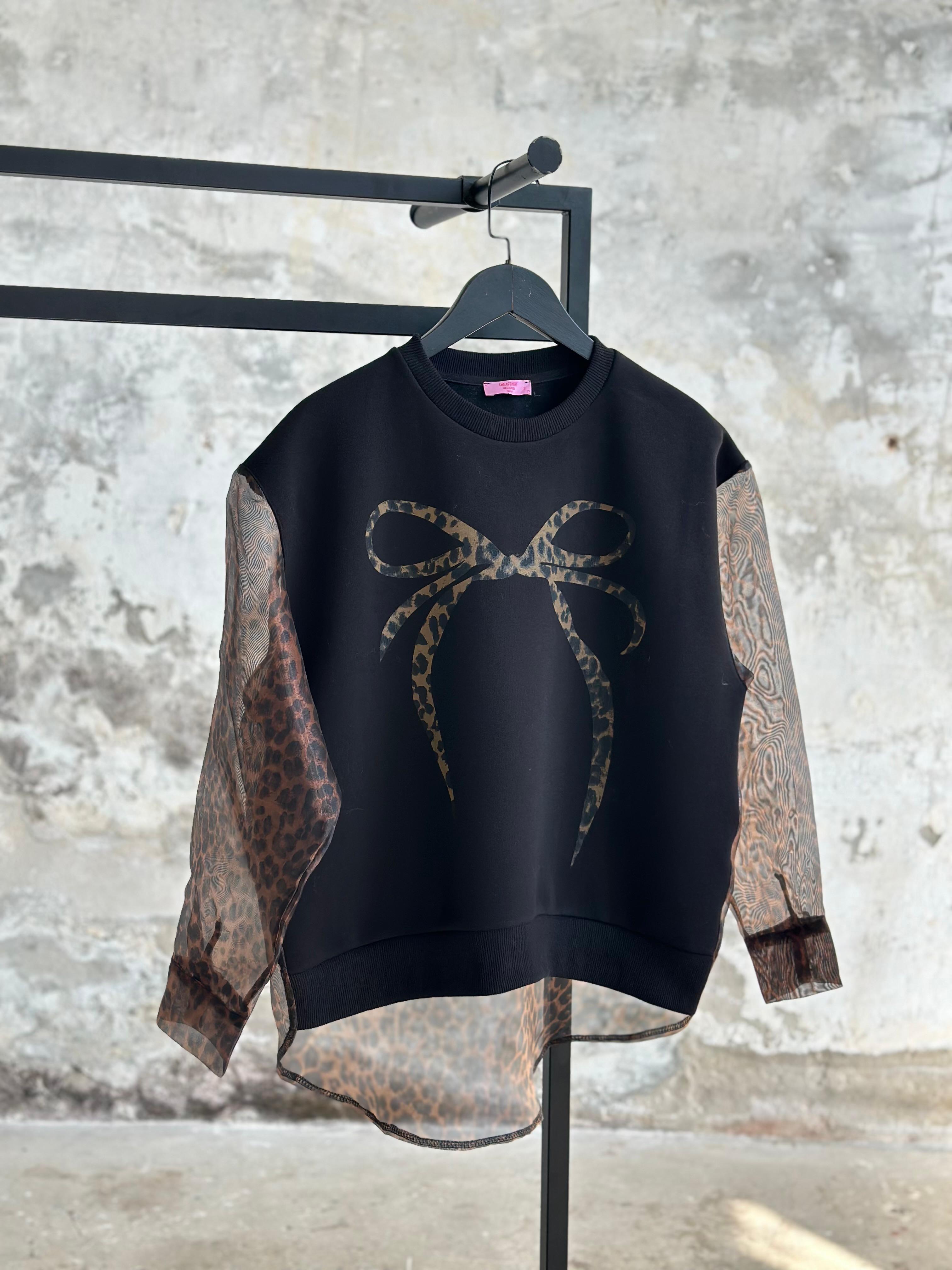 Organze Kumaş Leopar Desen Sweat (Siyah)