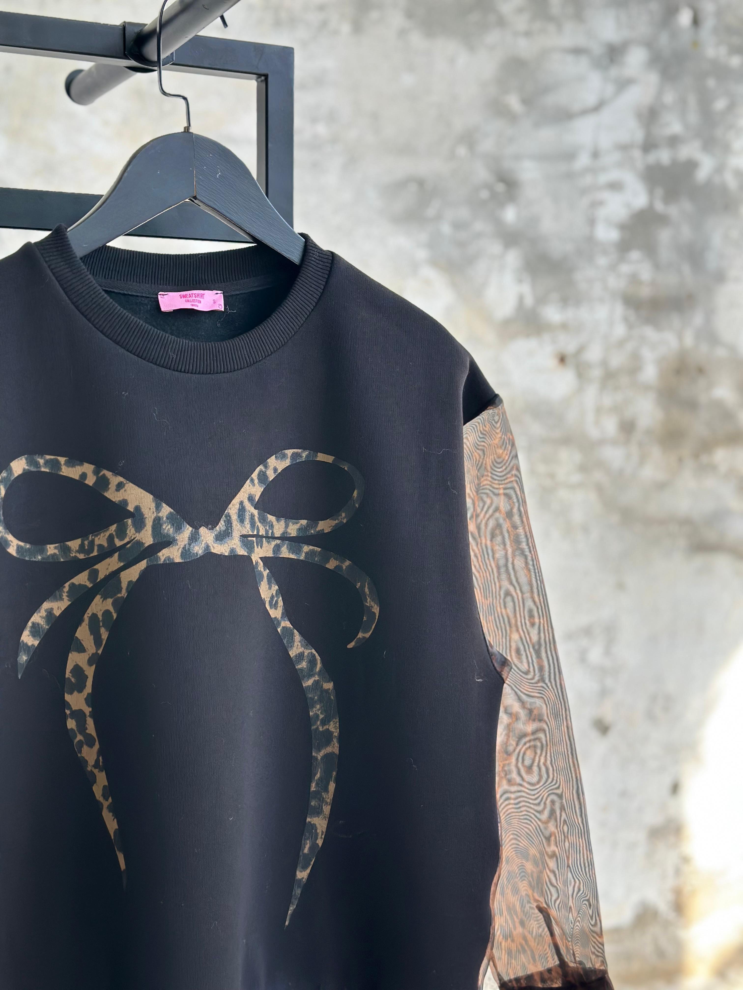 Organze Kumaş Leopar Desen Sweat (Siyah)