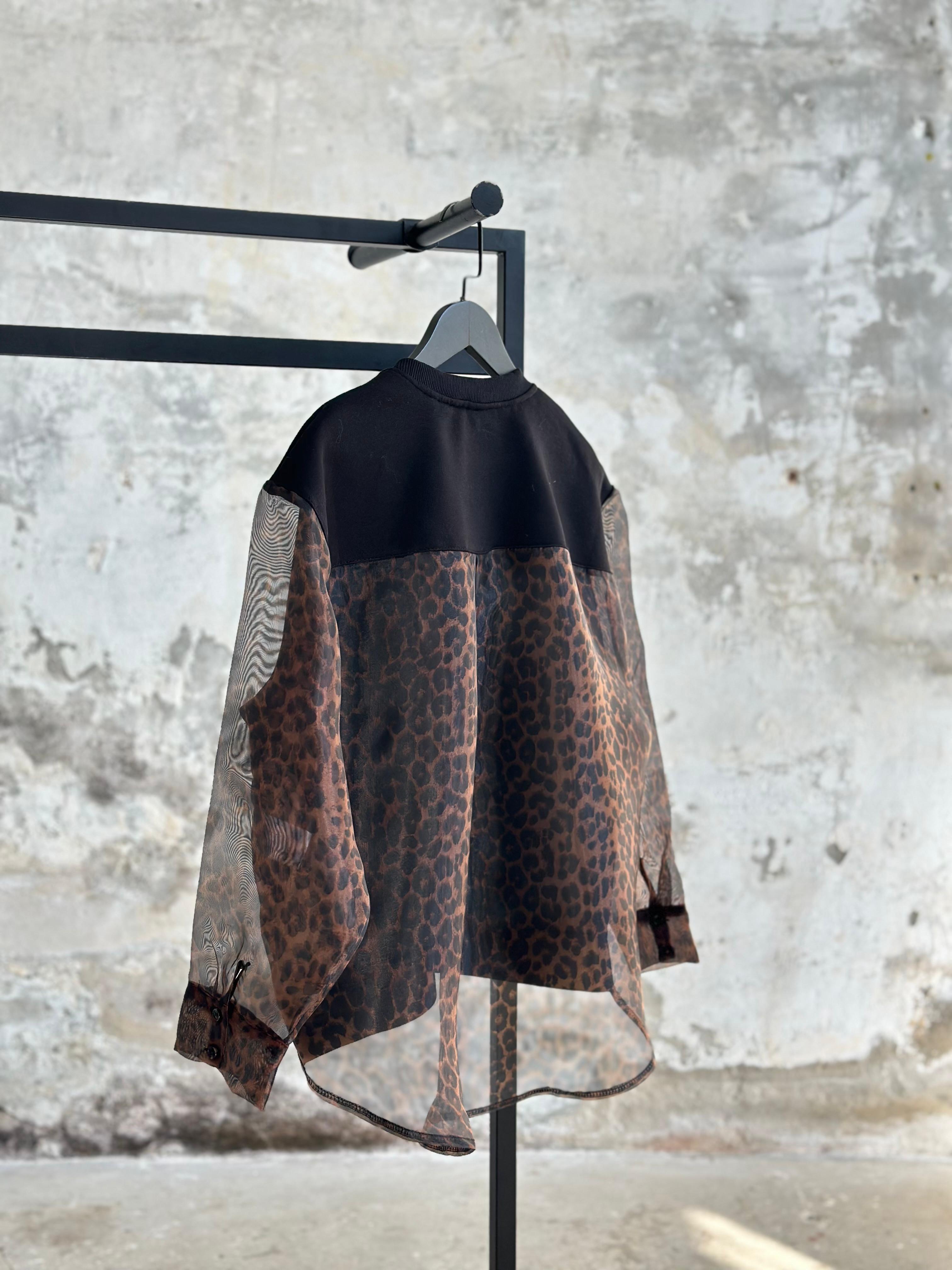 Organze Kumaş Leopar Desen Sweat (Siyah)