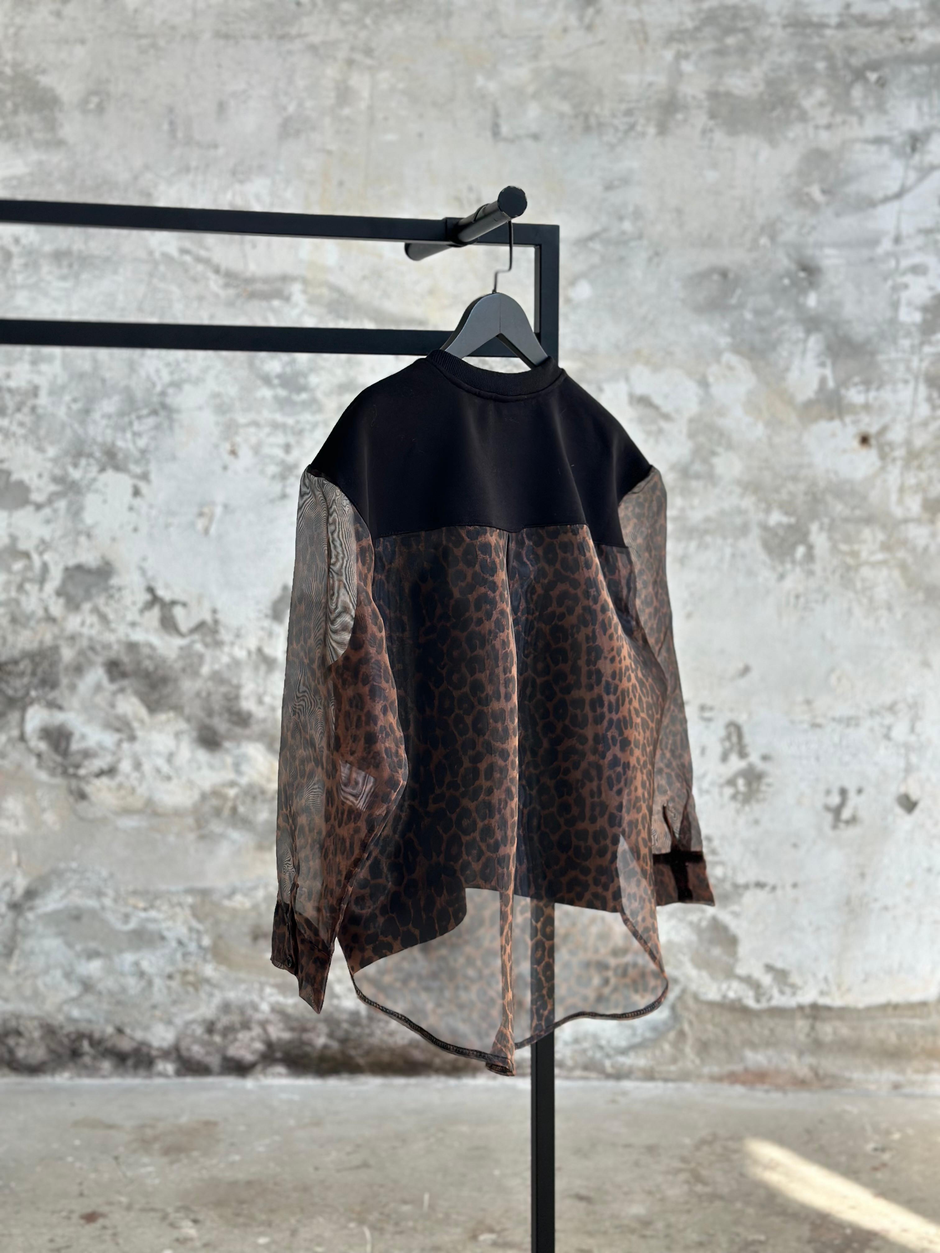 Organze Kumaş Leopar Desen Sweat (Siyah)