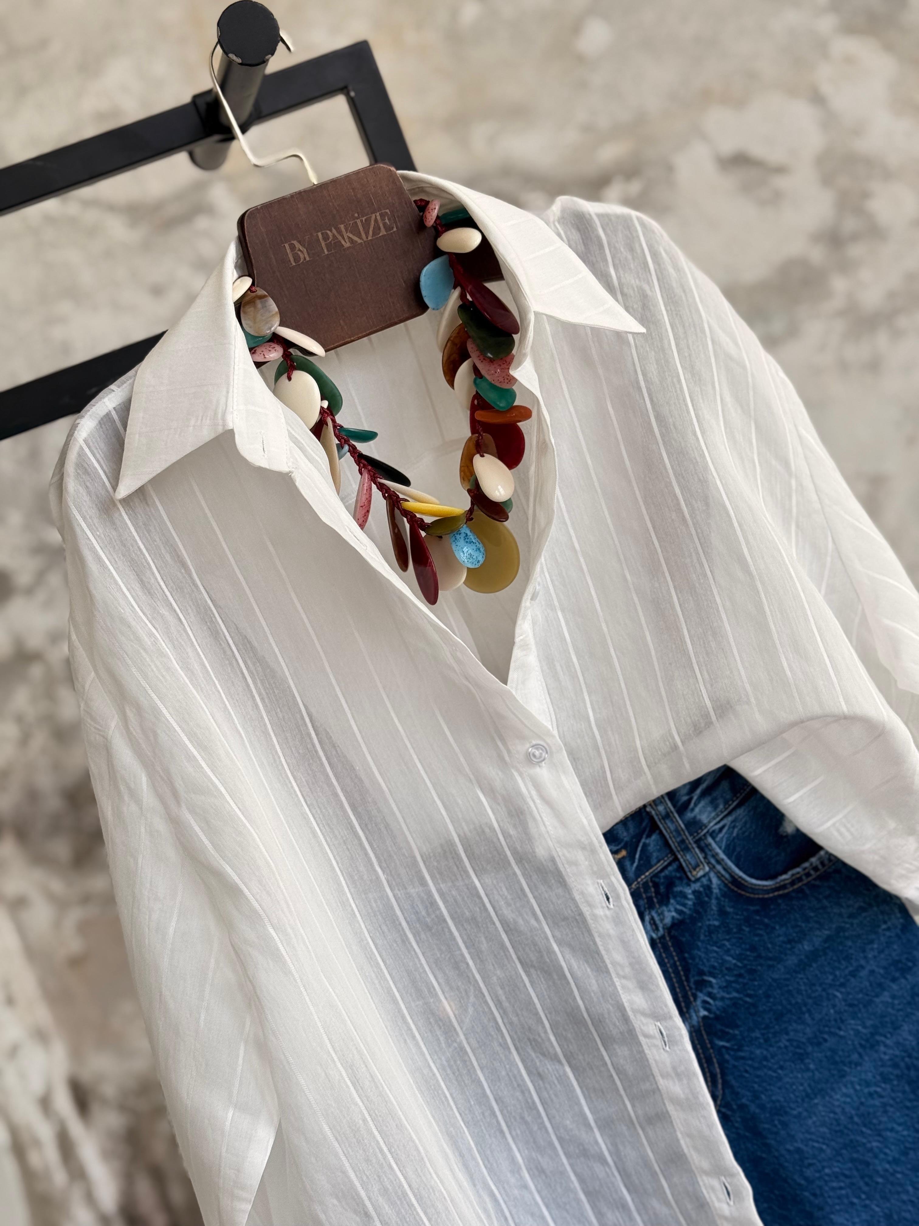 Oversize Çizgili Kadın Gömlek (Beyaz)