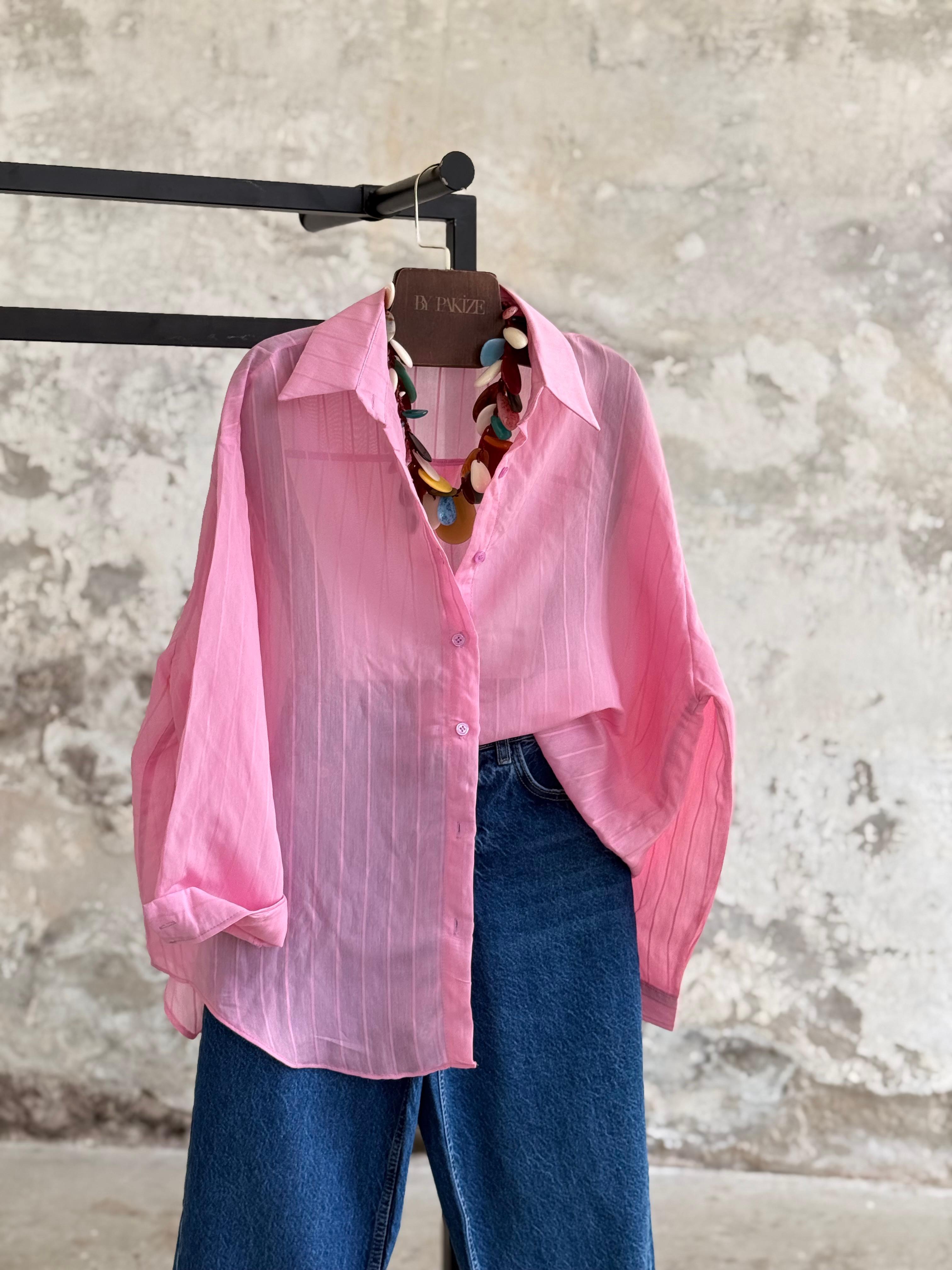 Oversize Çizgili Kadın Gömlek (Pembe)