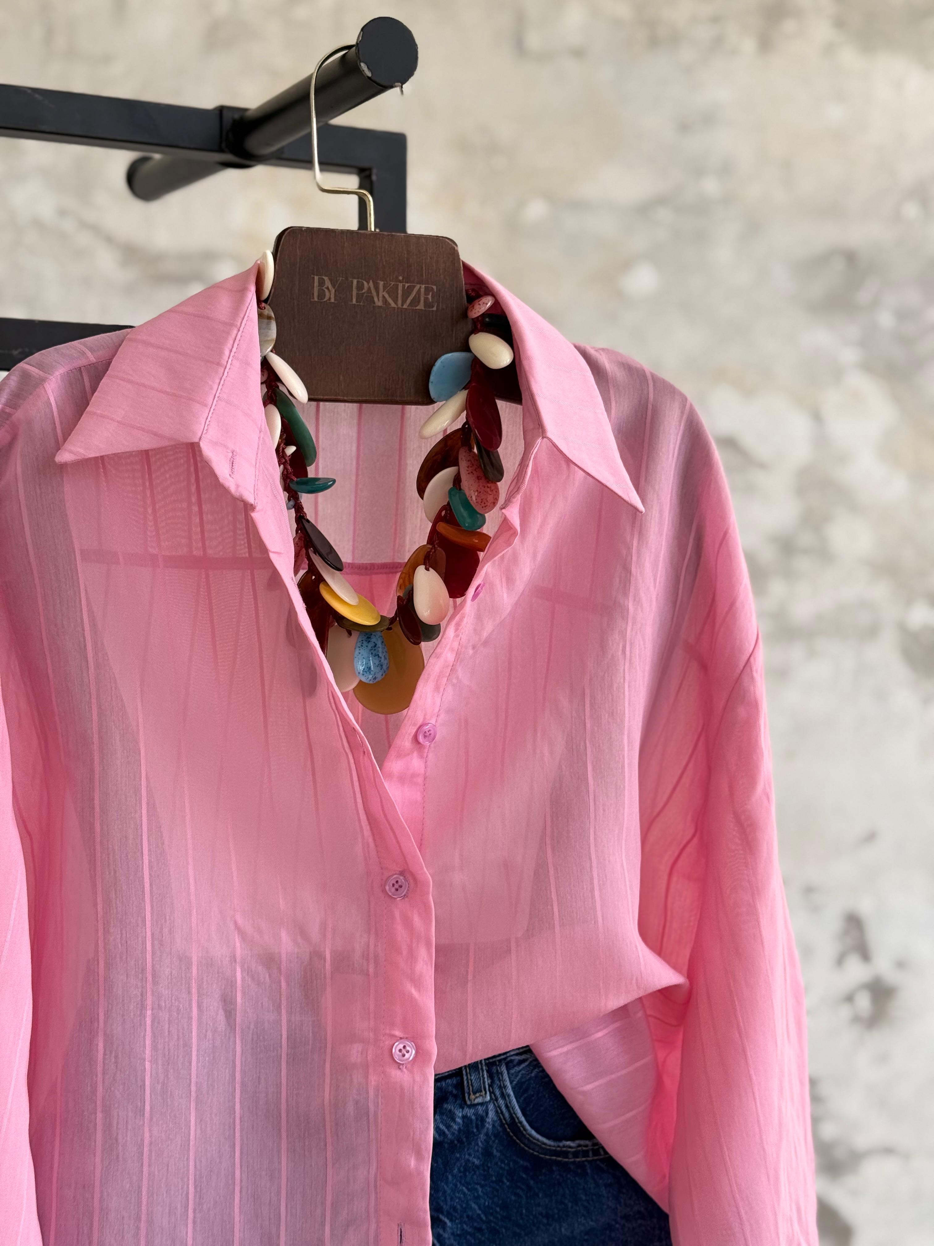 Oversize Çizgili Kadın Gömlek (Pembe)