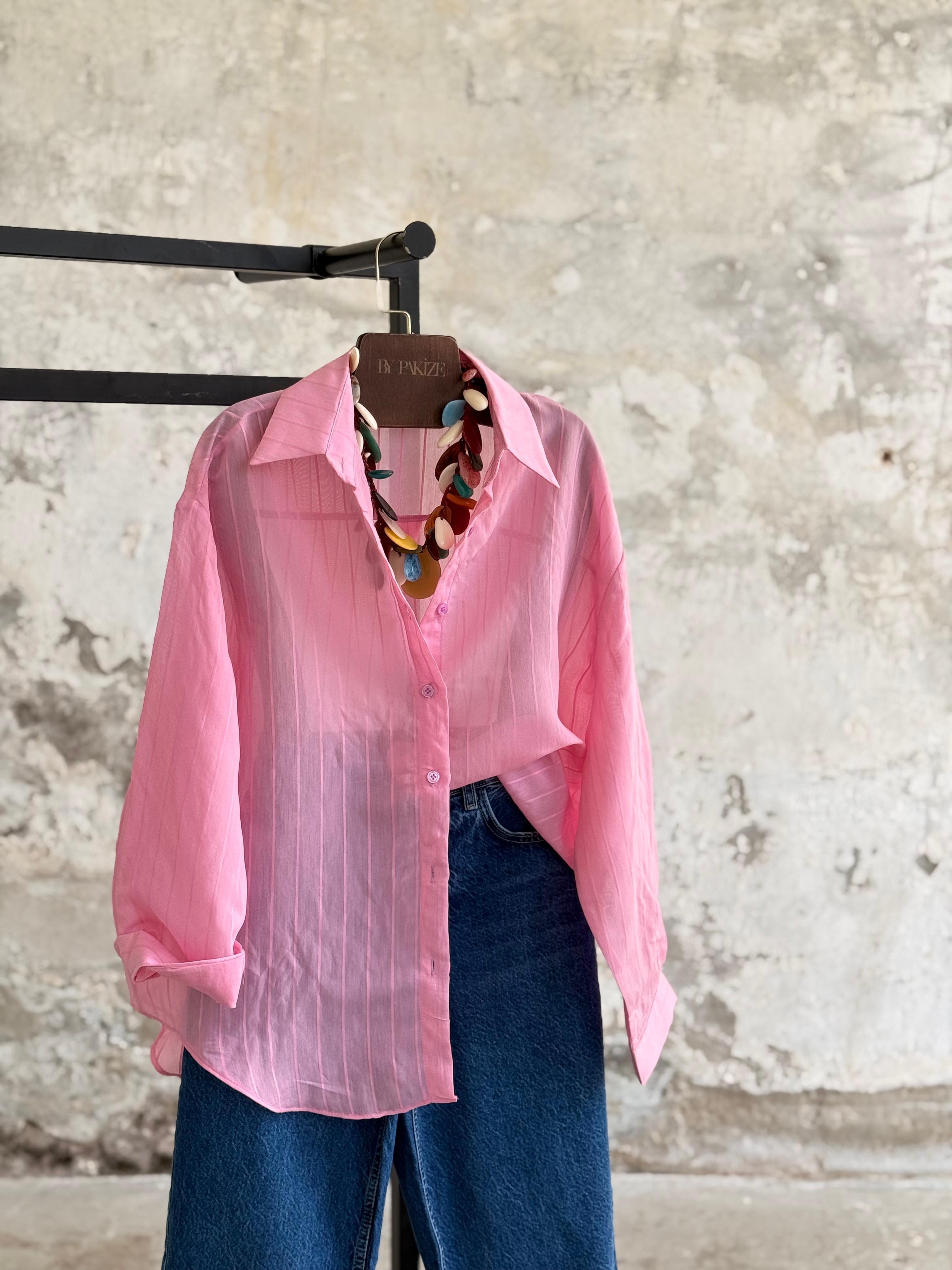 Oversize Çizgili Kadın Gömlek (Pembe)