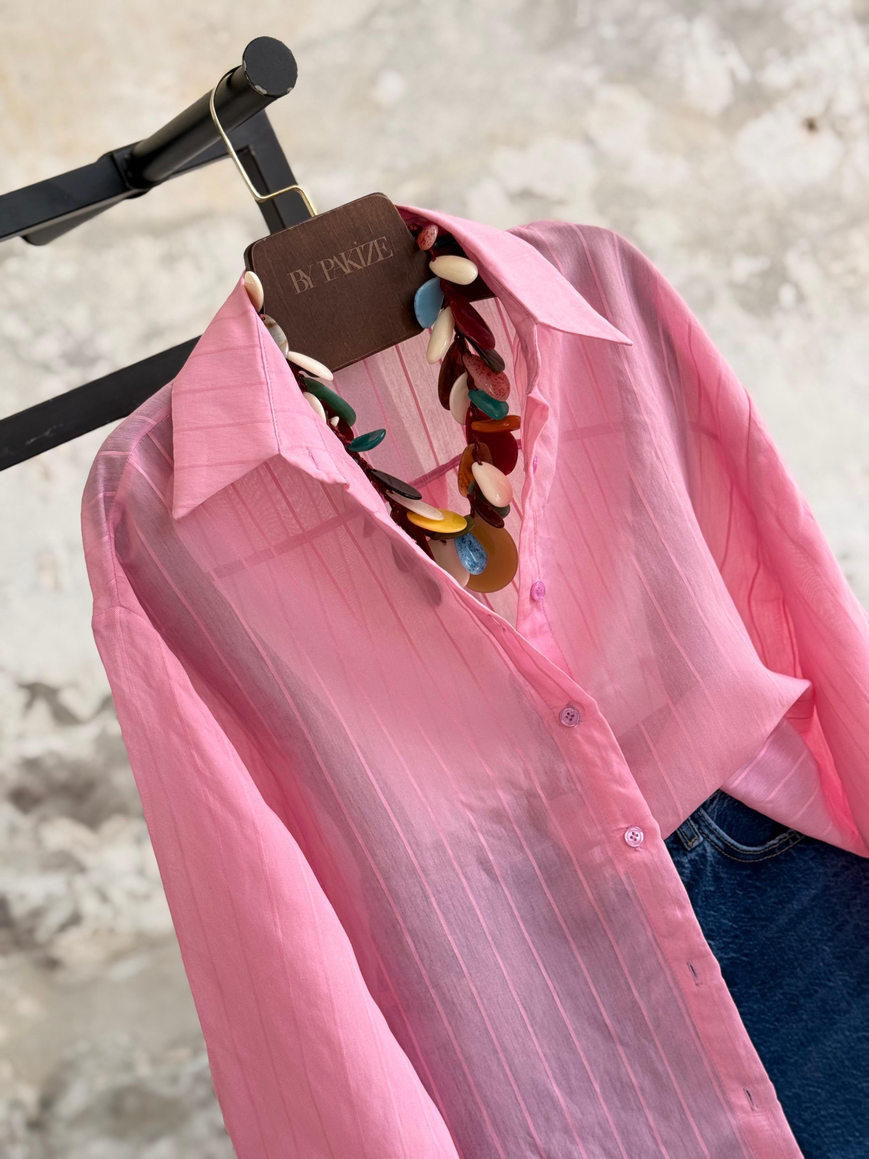 Oversize Çizgili Kadın Gömlek (Pembe)