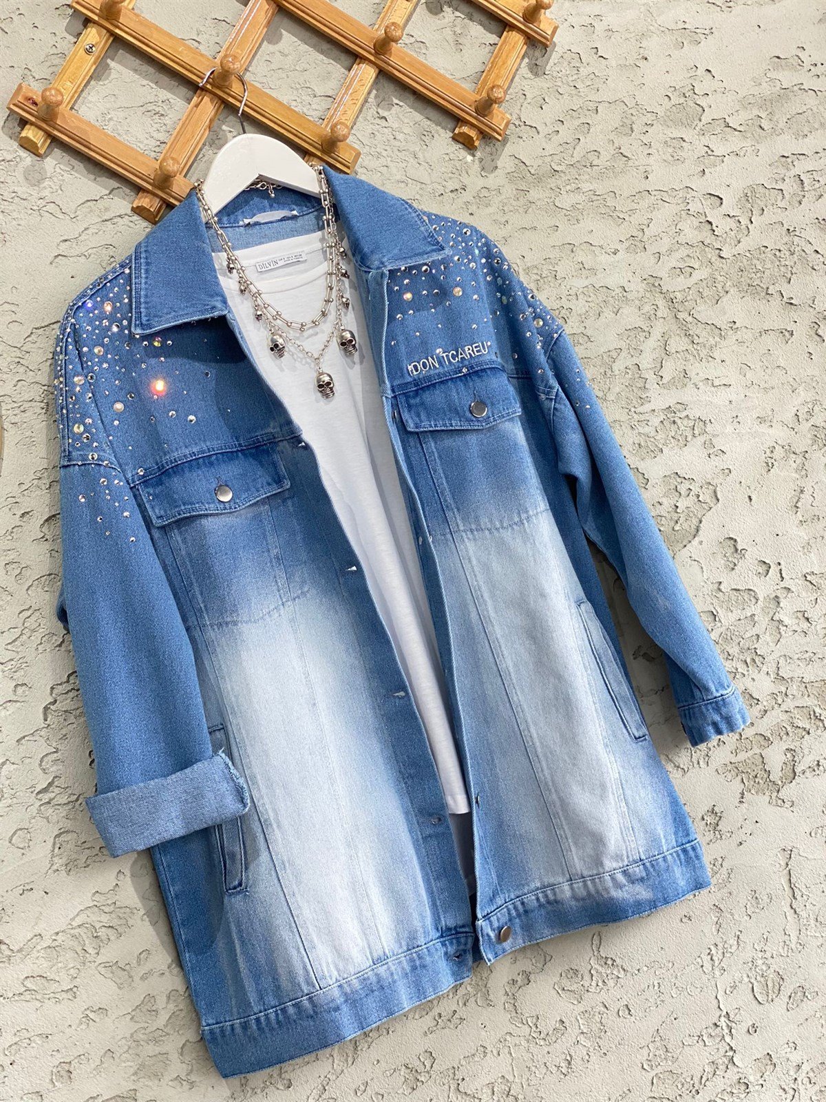 Oversize Taş işlemeli Uzun Kot Ceket (Mavi)